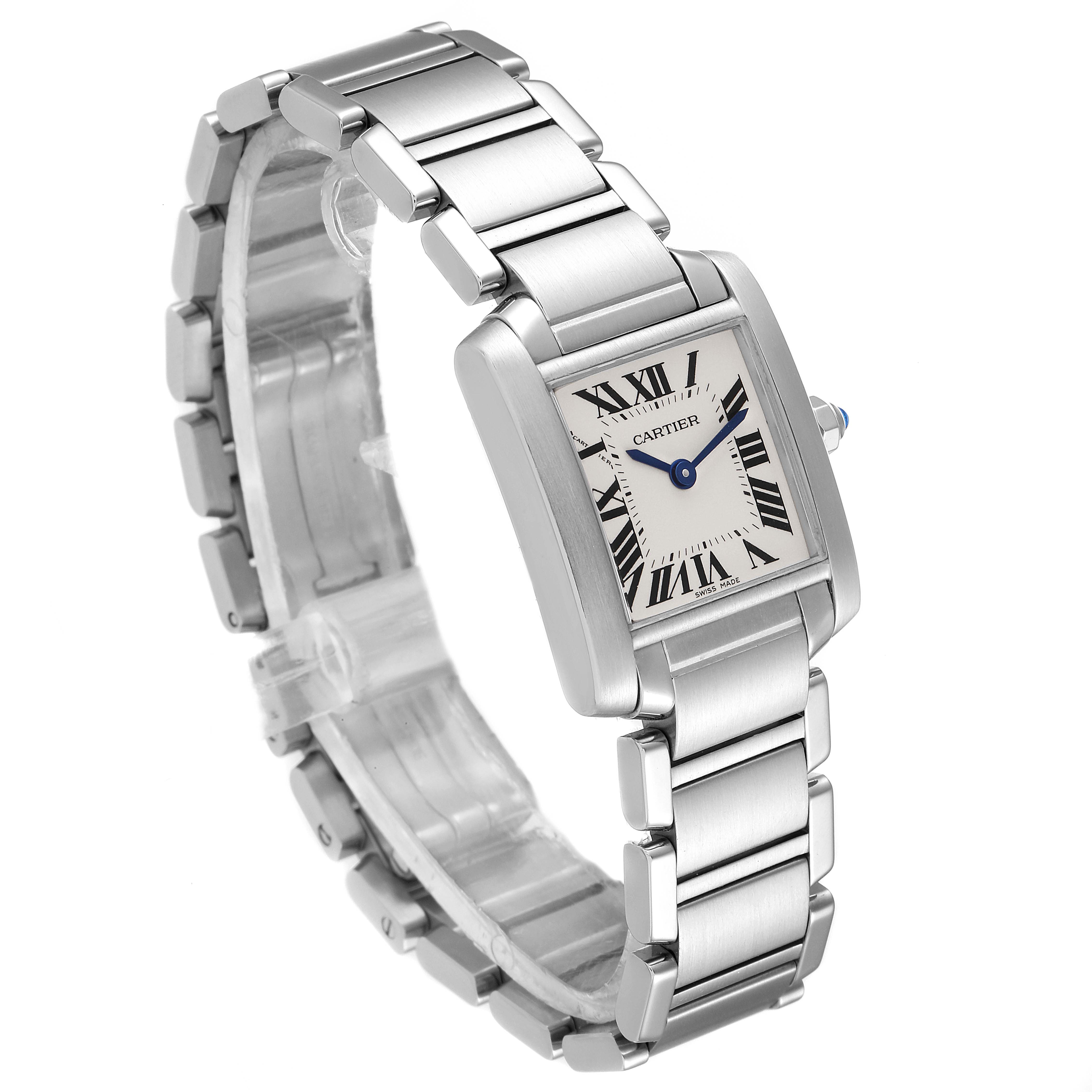 The image shows a Cartier Tank Francaise W51008Q3 Women's Stainless Steel Silver Dial W51008Q3 Women's Stainless Steel Silver Dial watch at a three-quarter angle, highlighting the face, bracelet, and crown.