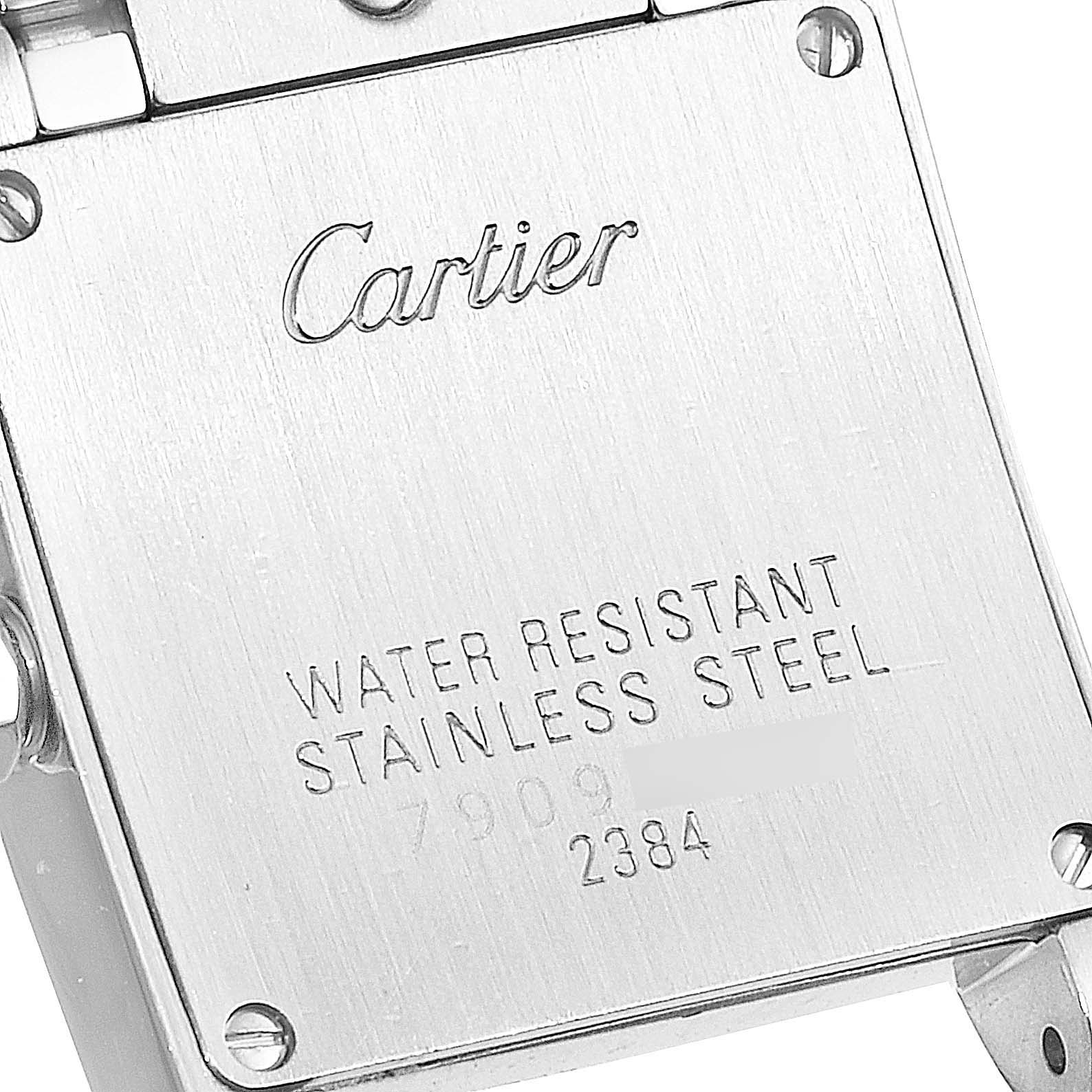 This image shows the back case of the Cartier Tank Francaise W51008Q3 Women's Stainless Steel Silver Dial W51008Q3 Women's Stainless Steel Silver Dial watch, displaying brand and model details.