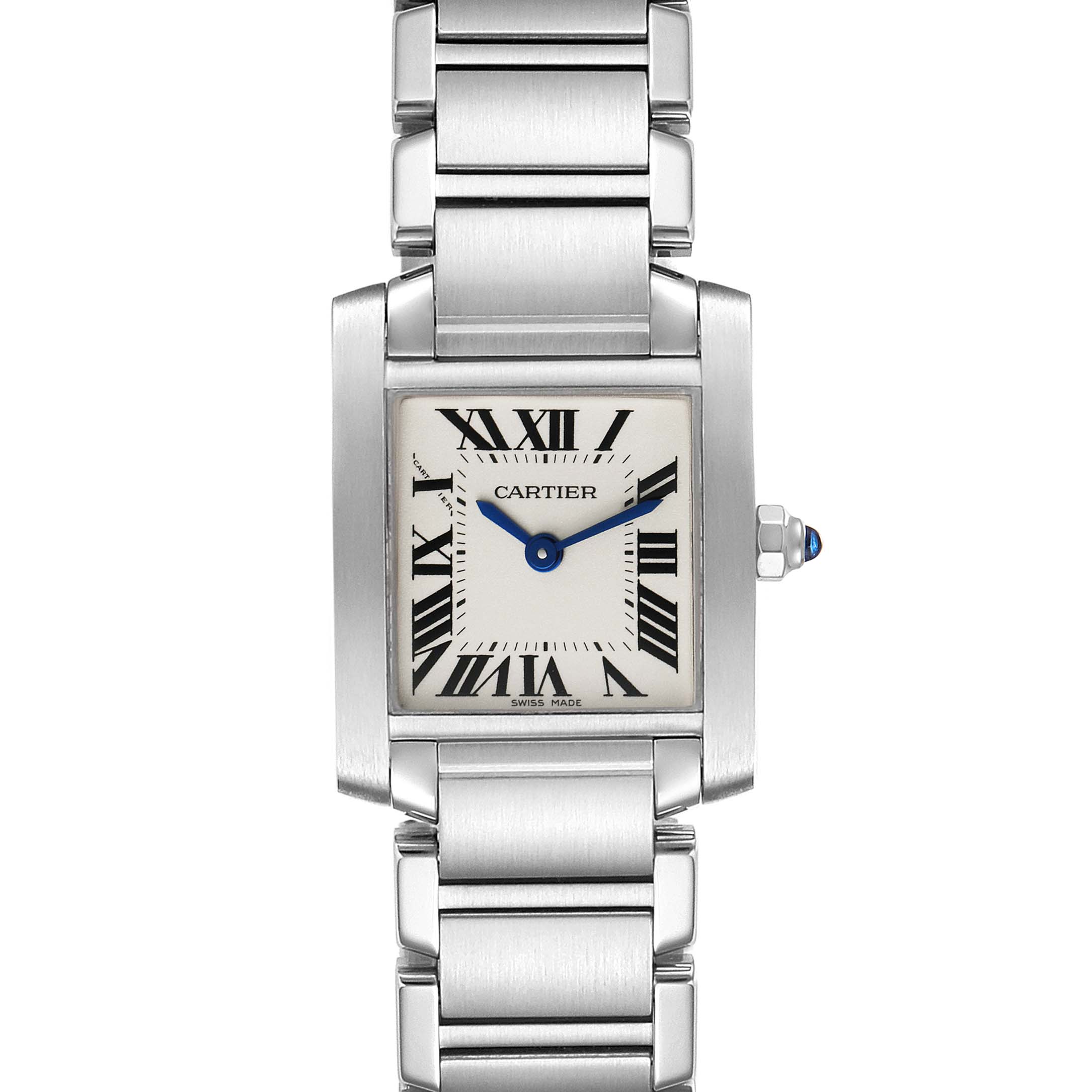 This is a front view of the Cartier Tank Française watch, showing the face, bezel, and part of the bracelet.