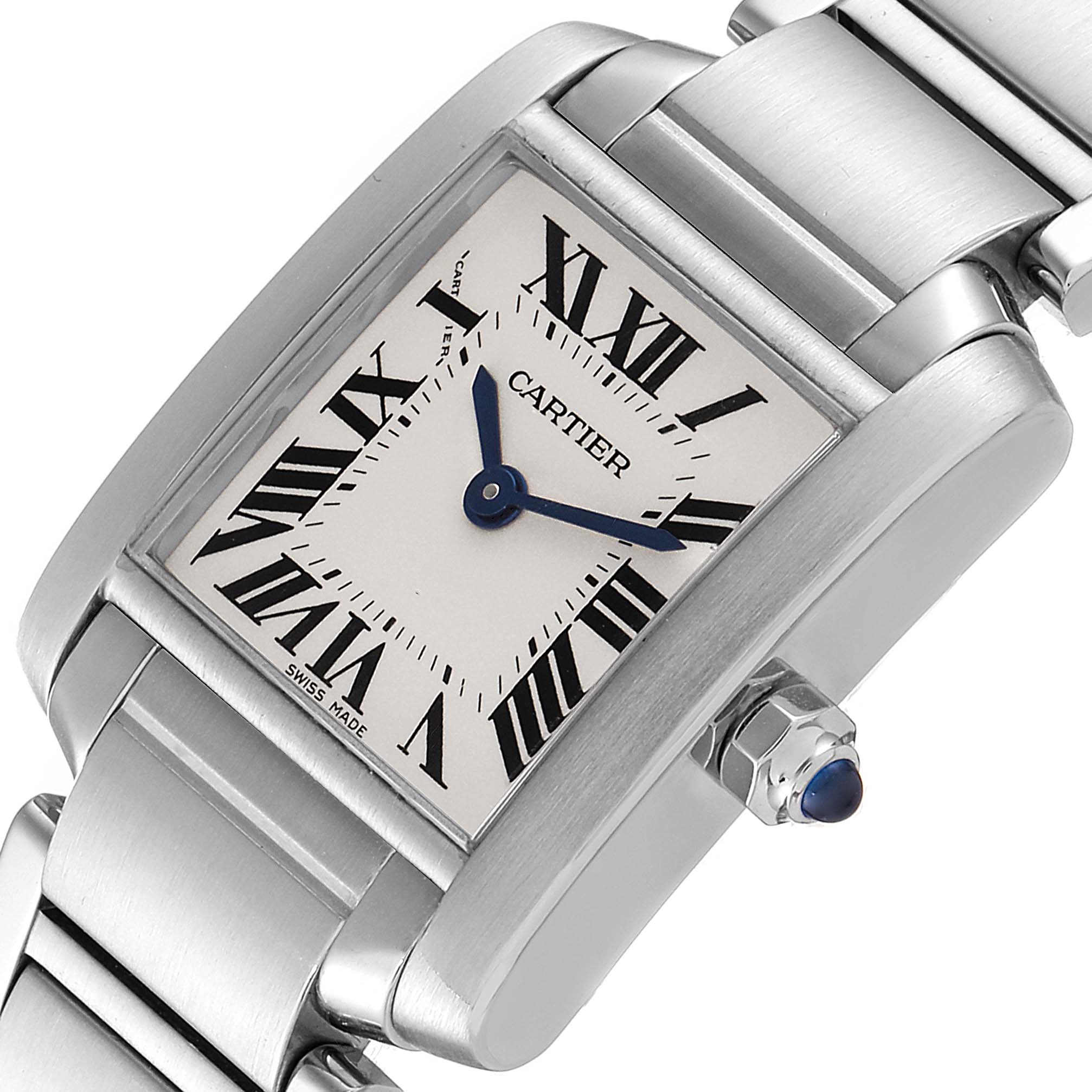 The image shows a close-up, angled view of the face and bracelet of a Cartier Tank Francaise W51008Q3 Women's Stainless Steel Silver Dial W51008Q3 Women's Stainless Steel Silver Dial watch.