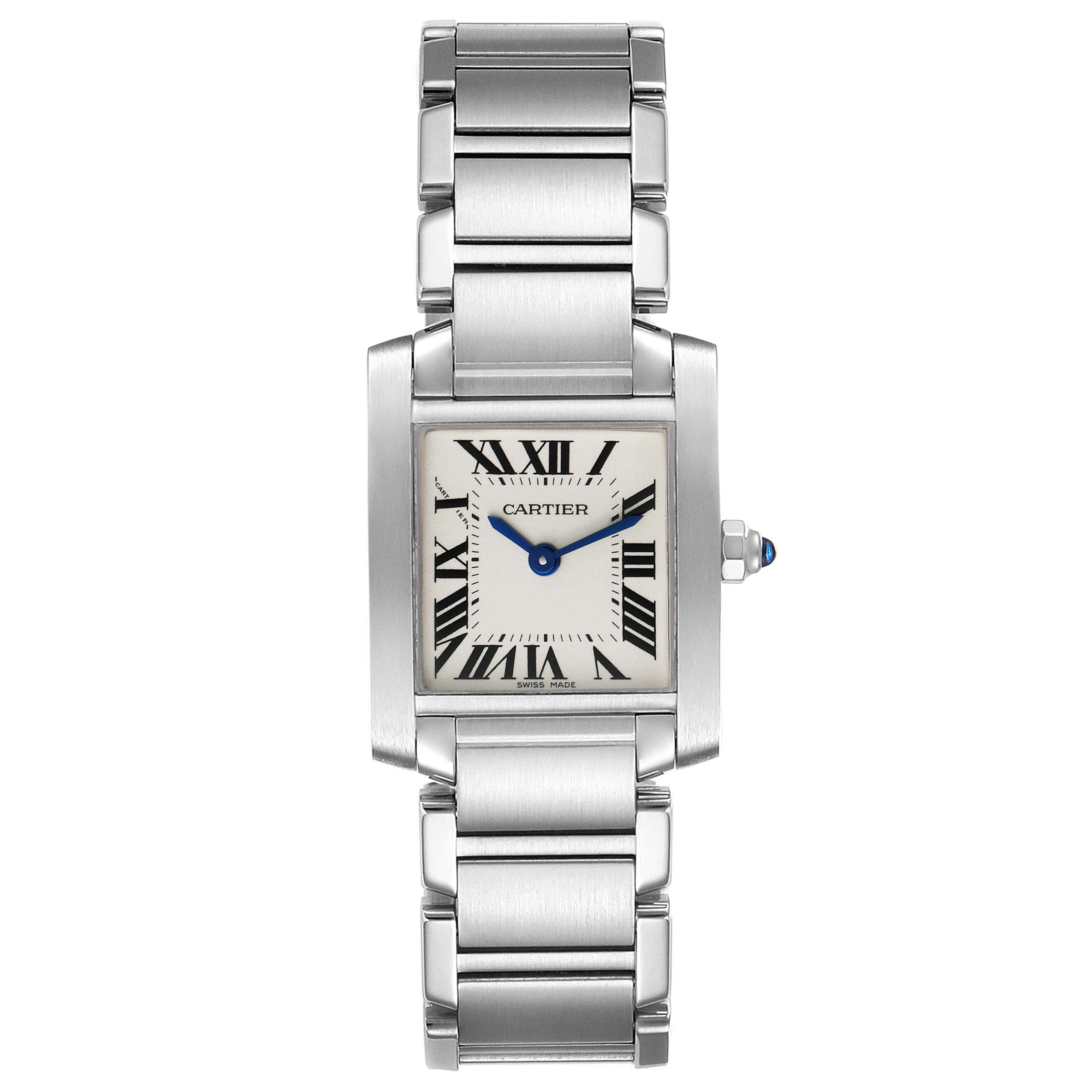 The image shows a frontal view of a Cartier Tank Francaise W51008Q3 Women's Stainless Steel Silver Dial W51008Q3 Women's Stainless Steel Silver Dial watch, displaying its face, bezel, and bracelet.