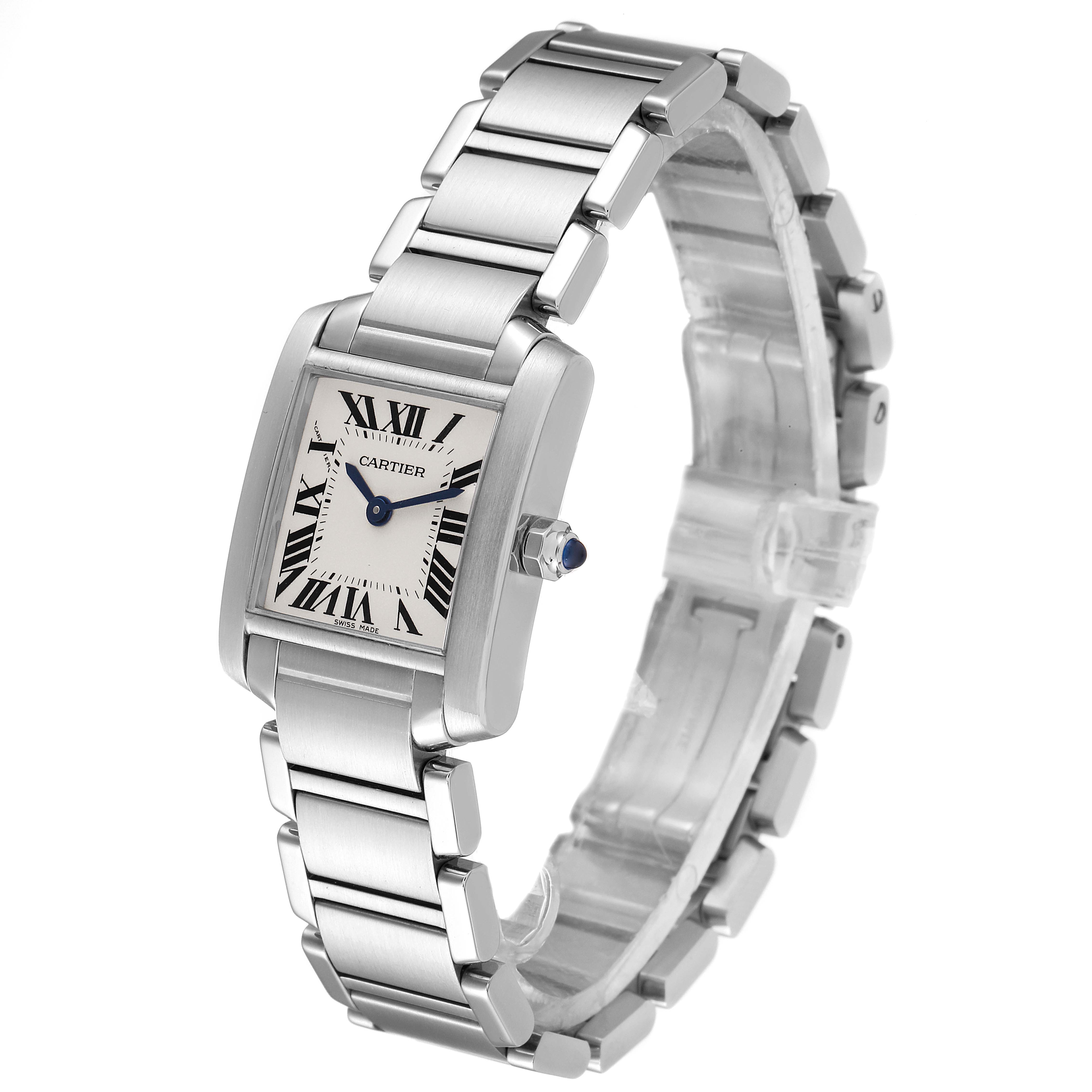 The image shows a Cartier Tank Française watch at a three-quarter angle, highlighting the face, bracelet, and crown.