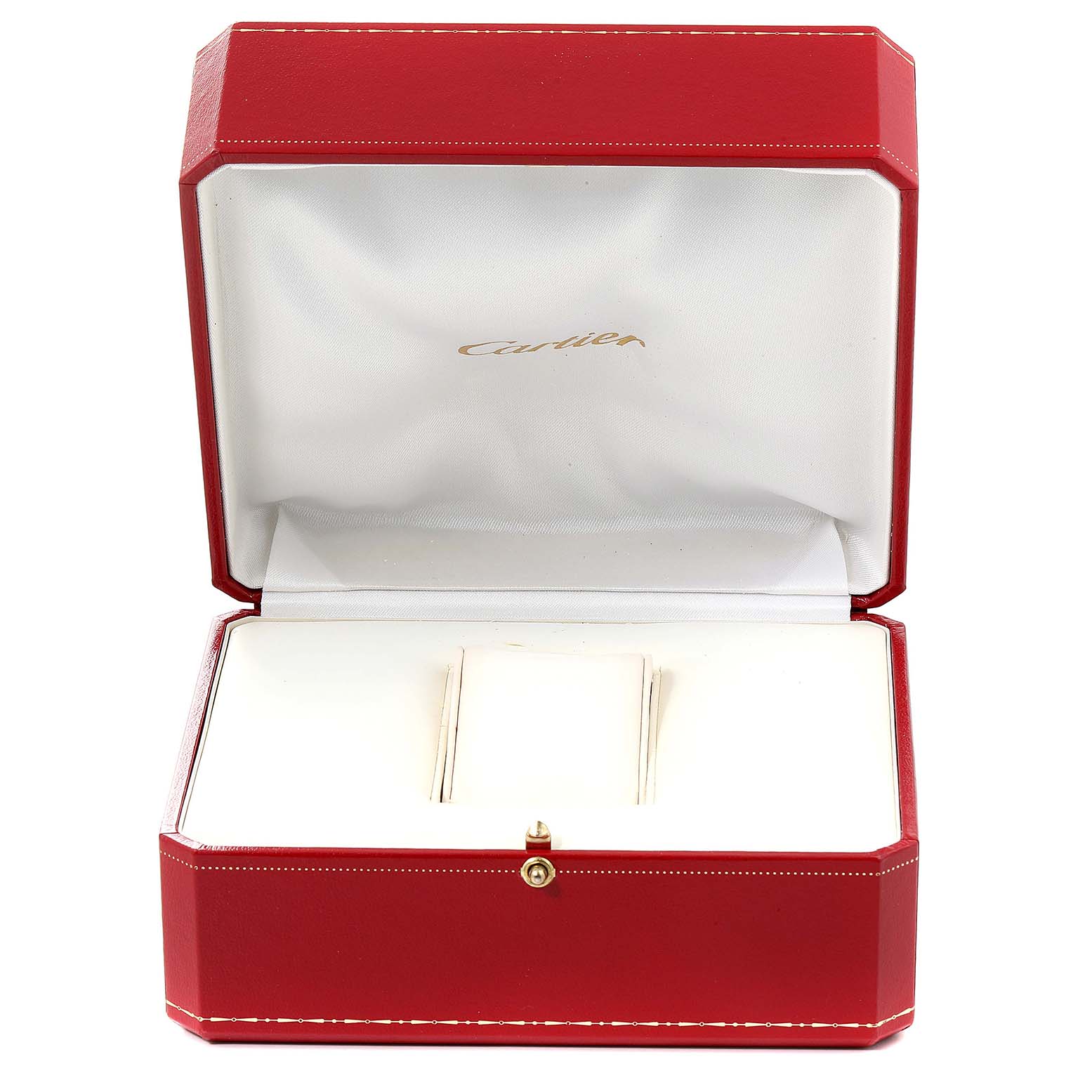 The image shows an open red Cartier watch box, but no Tank Francaise model watch is visible inside.