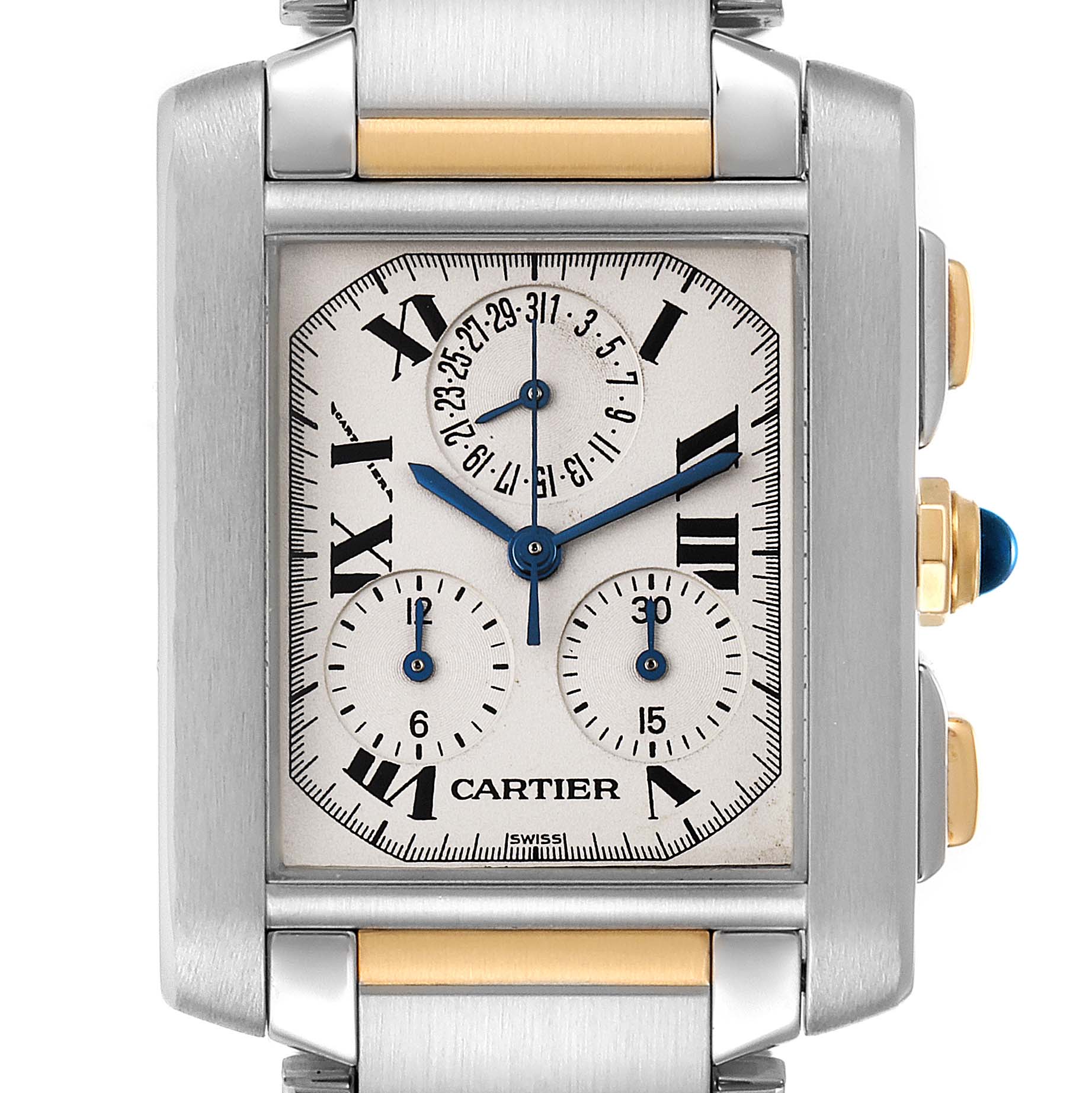 This image shows a close-up of the dial and case of a Cartier Tank Francaise W51004Q4 Men's Steel and Gold (two tone) Silver Dial W51004Q4 Men's Steel and Gold (two tone) Silver Dial watch, highlighting the sub-dials and crown.