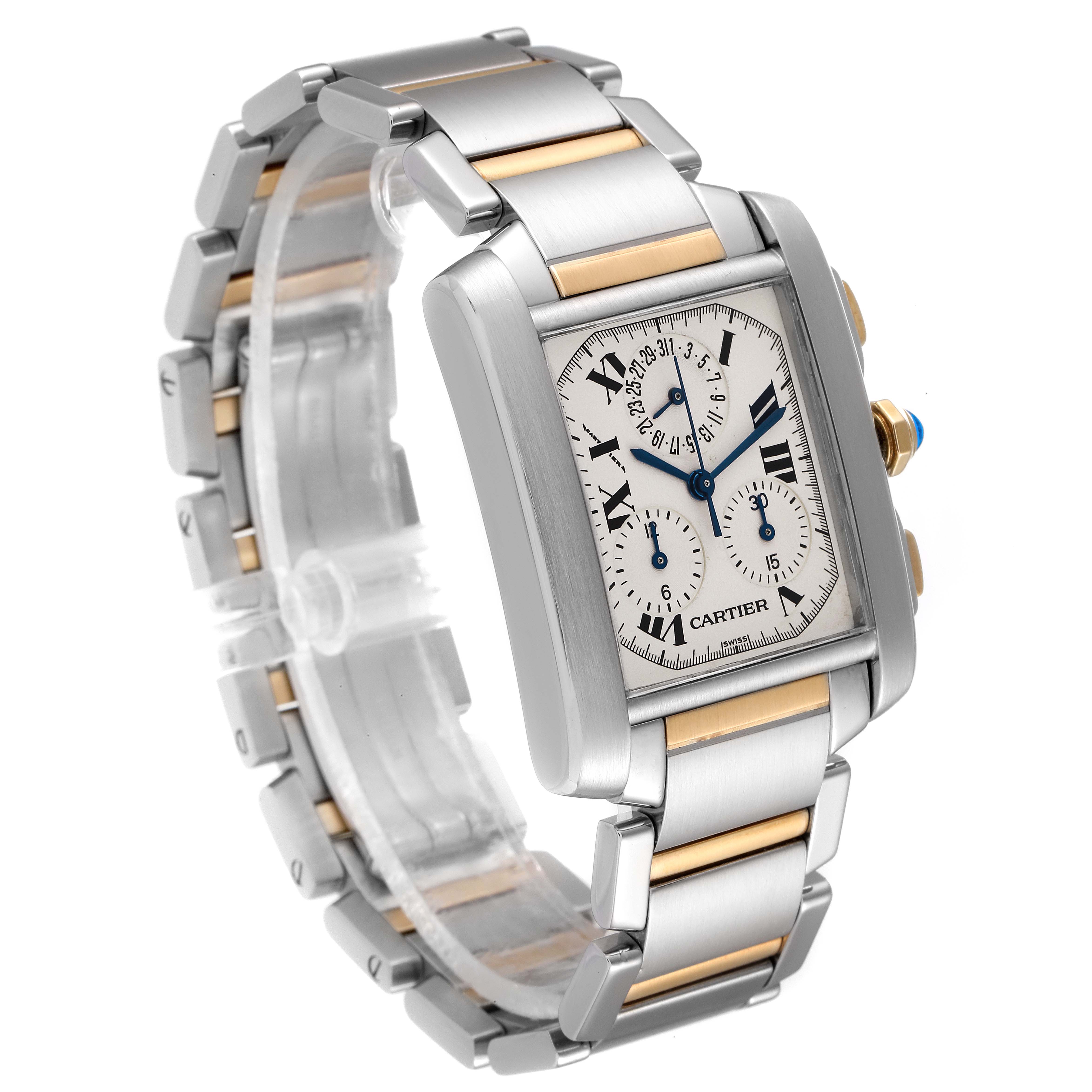 The image shows a side and partial face view of the Cartier Tank Francaise W51004Q4 Men's Steel and Gold (two tone) Silver Dial W51004Q4 Men's Steel and Gold (two tone) Silver Dial watch, highlighting its metal and gold-tone bracelet and rectangular dial.