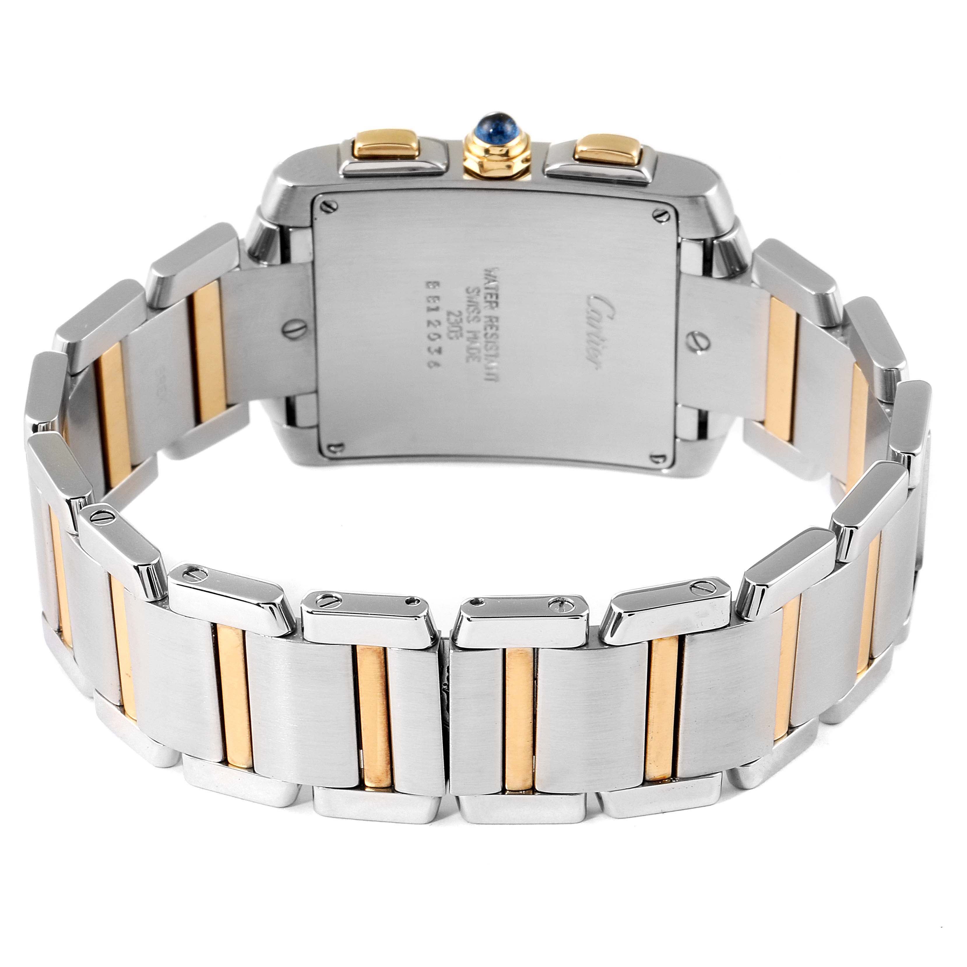 This image shows the back view of a Cartier Tank Francaise W51004Q4 Men's Steel and Gold (two tone) Silver Dial W51004Q4 Men's Steel and Gold (two tone) Silver Dial watch, including the steel and gold bracelet and clasp.