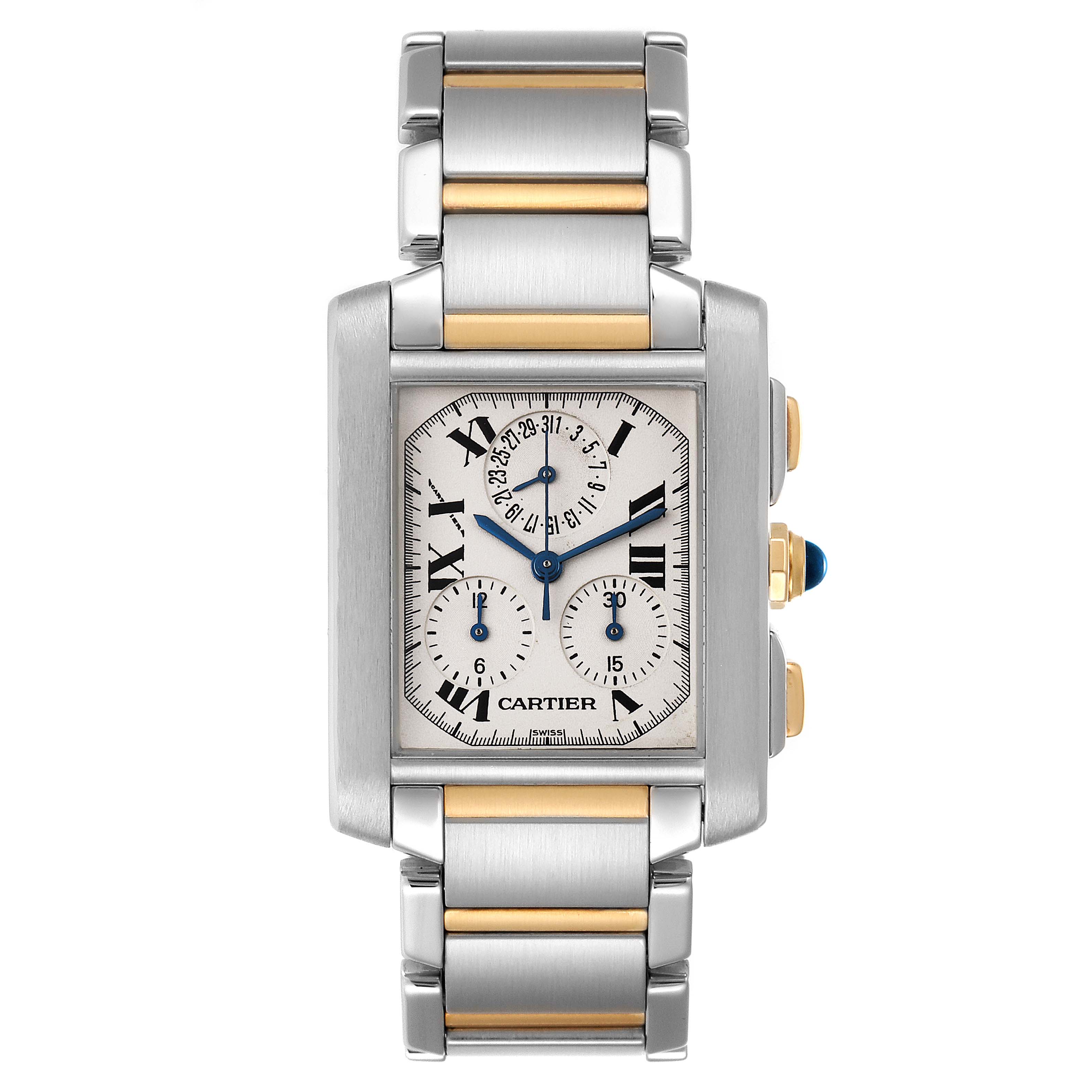 This image shows a Cartier Tank Francaise W51004Q4 Men's Steel and Gold (two tone) Silver Dial W51004Q4 Men's Steel and Gold (two tone) Silver Dial watch from a front angle, highlighting its face, bracelet, and side-mounted crown.
