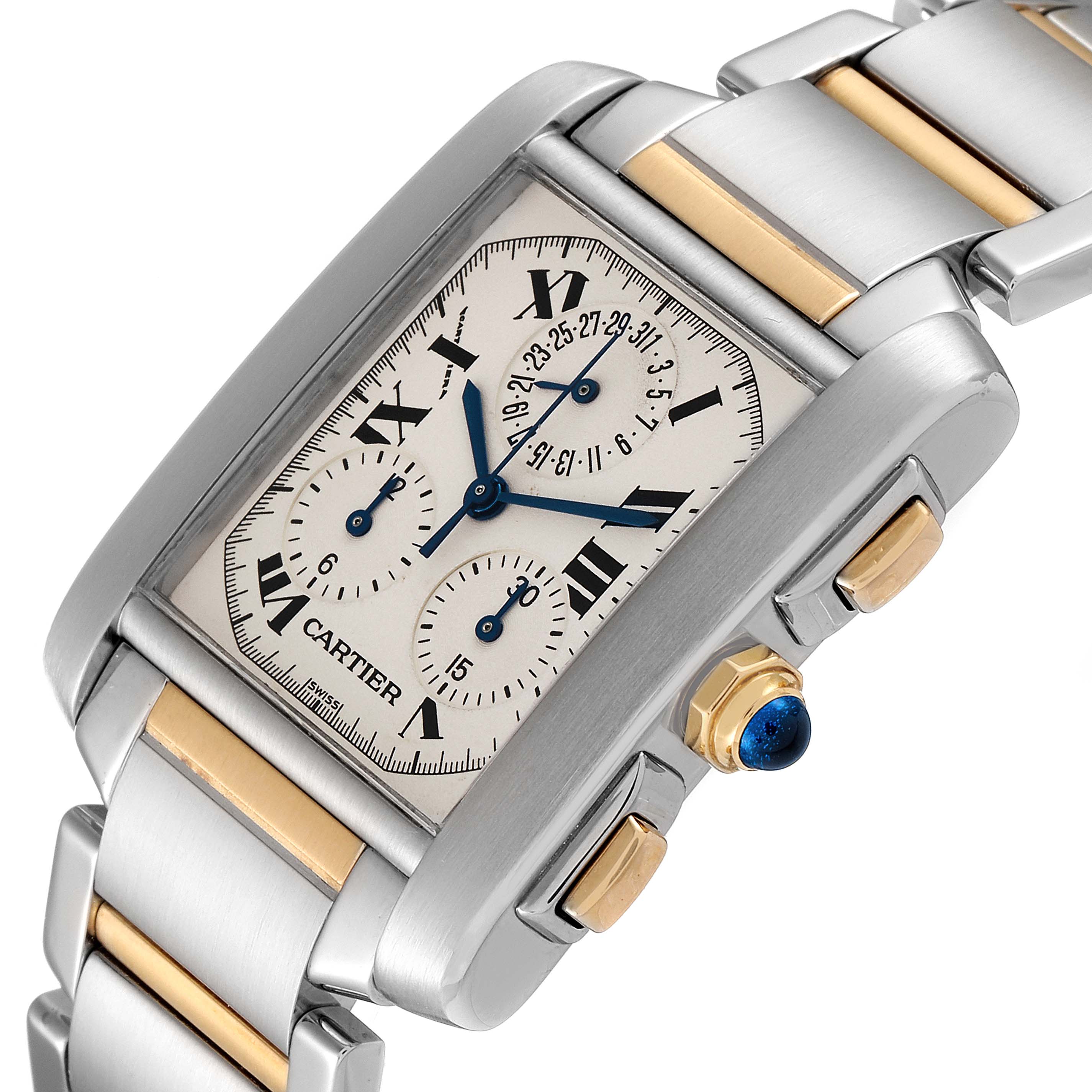 A close-up of the Cartier Tank Francaise W51004Q4 Men's Steel and Gold (two tone) Silver Dial W51004Q4 Men's Steel and Gold (two tone) Silver Dial watch shows its rectangular face, bracelet, pushers, and crown with a blue cabochon.