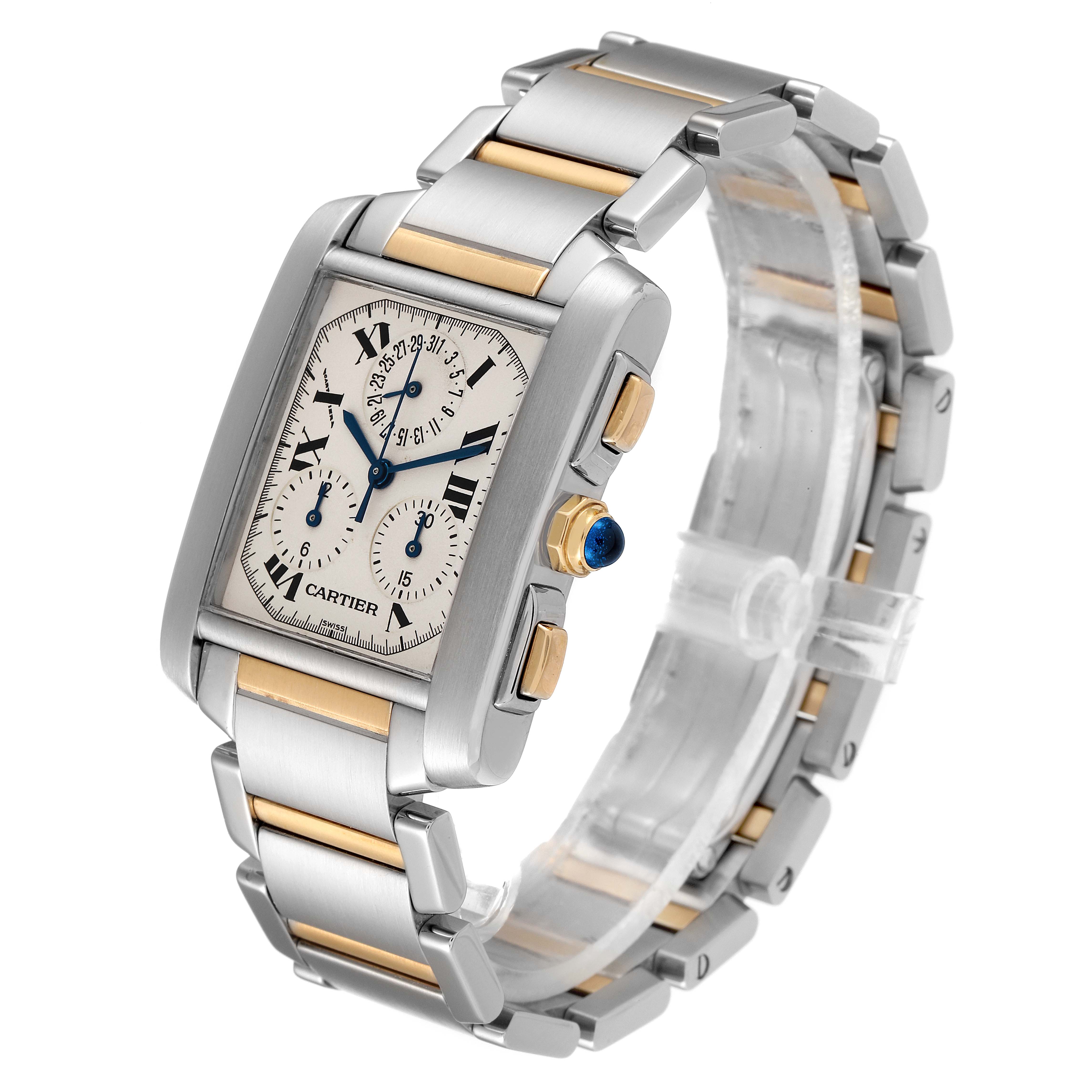The Cartier Tank Francaise W51004Q4 Men's Steel and Gold (two tone) Silver Dial W51004Q4 Men's Steel and Gold (two tone) Silver Dial watch is shown at a three-quarter angle, highlighting its face, bracelet, and side buttons.