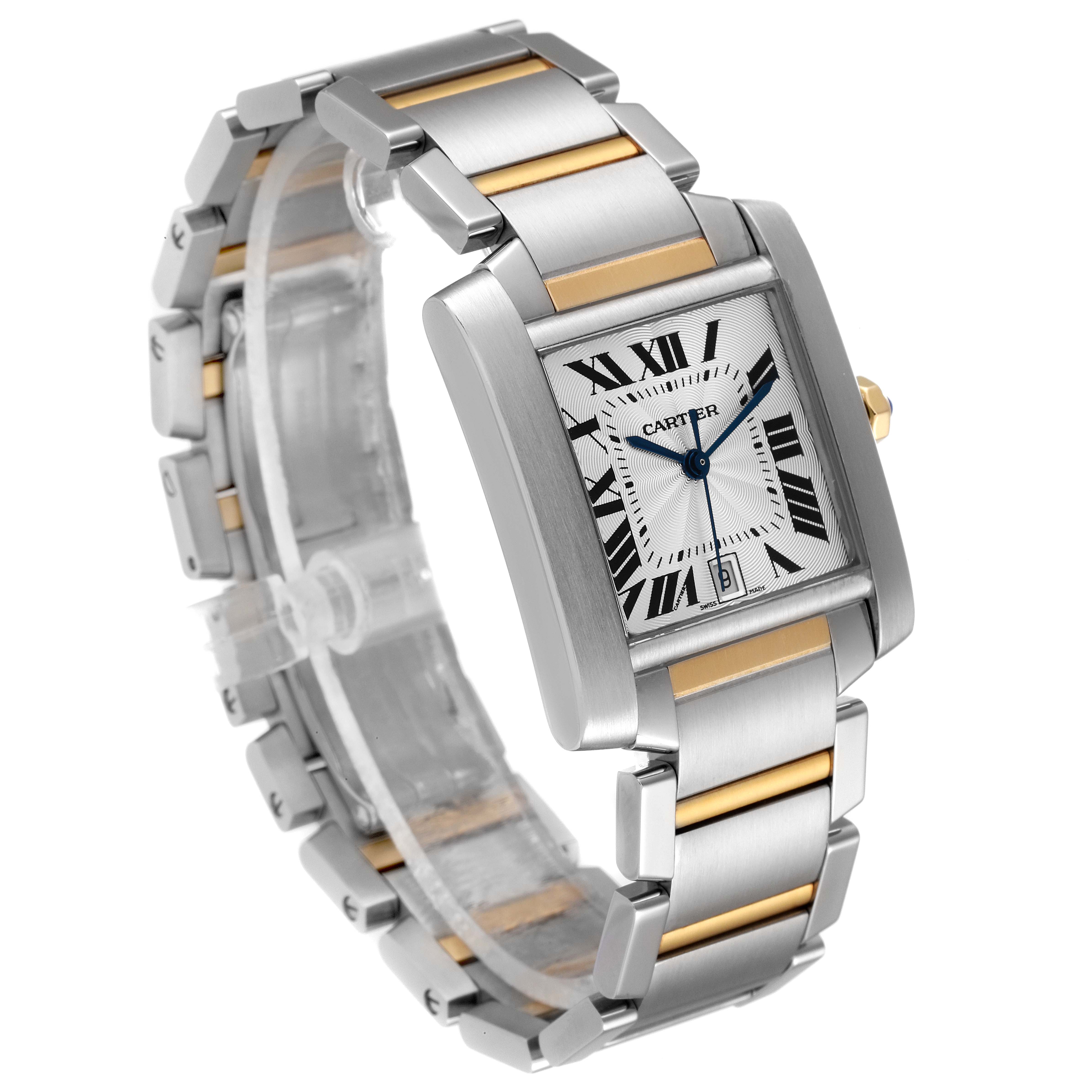 This is a Cartier Tank Francaise W51005Q4 Men's Steel and Gold (two tone) Silver Dial W51005Q4 Men's Steel and Gold (two tone) Silver Dial watch shown at a three-quarter angle, displaying its face, bracelet, and clasp.
