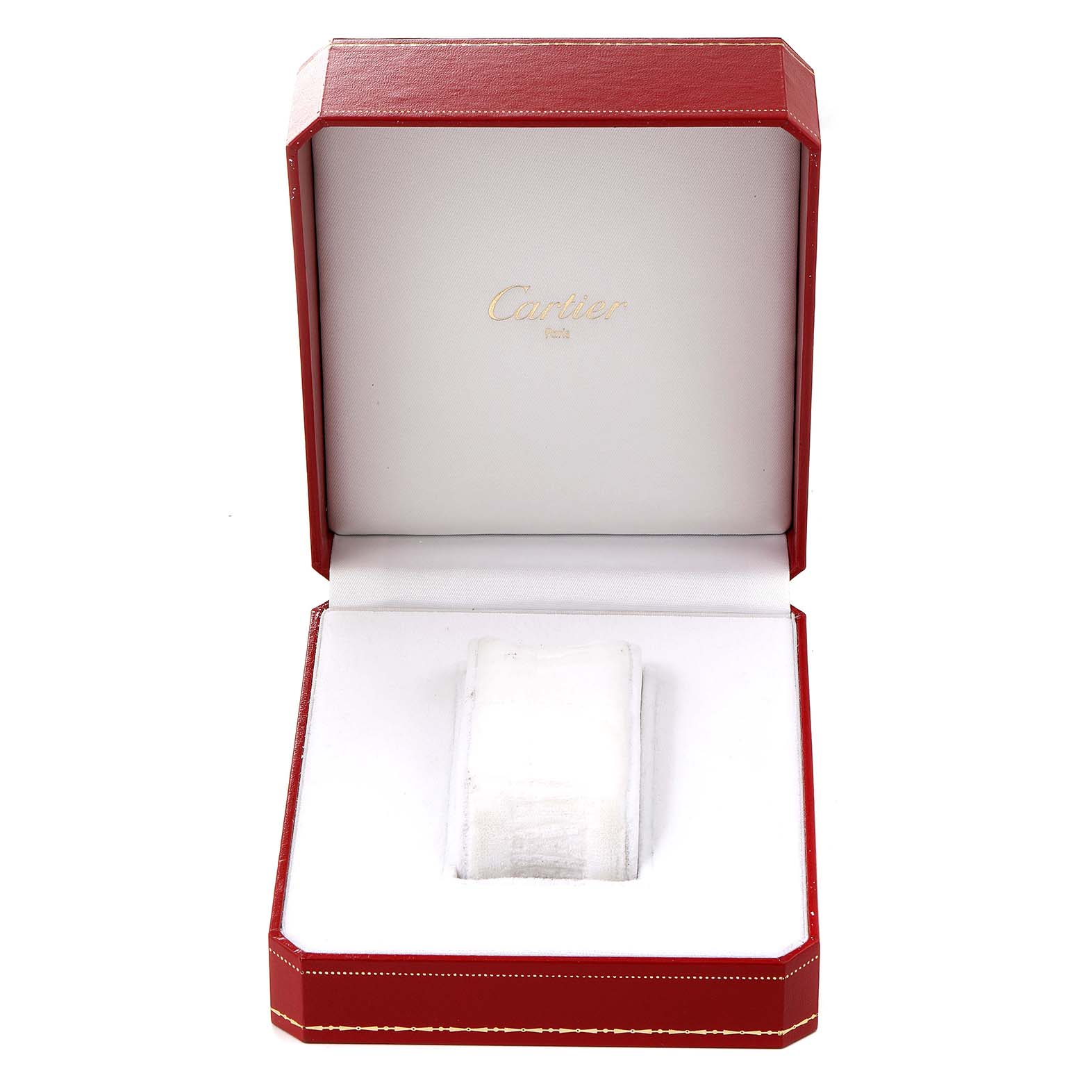 The image shows an open red Cartier box for the Tank Francaise model, with a cushion inside.