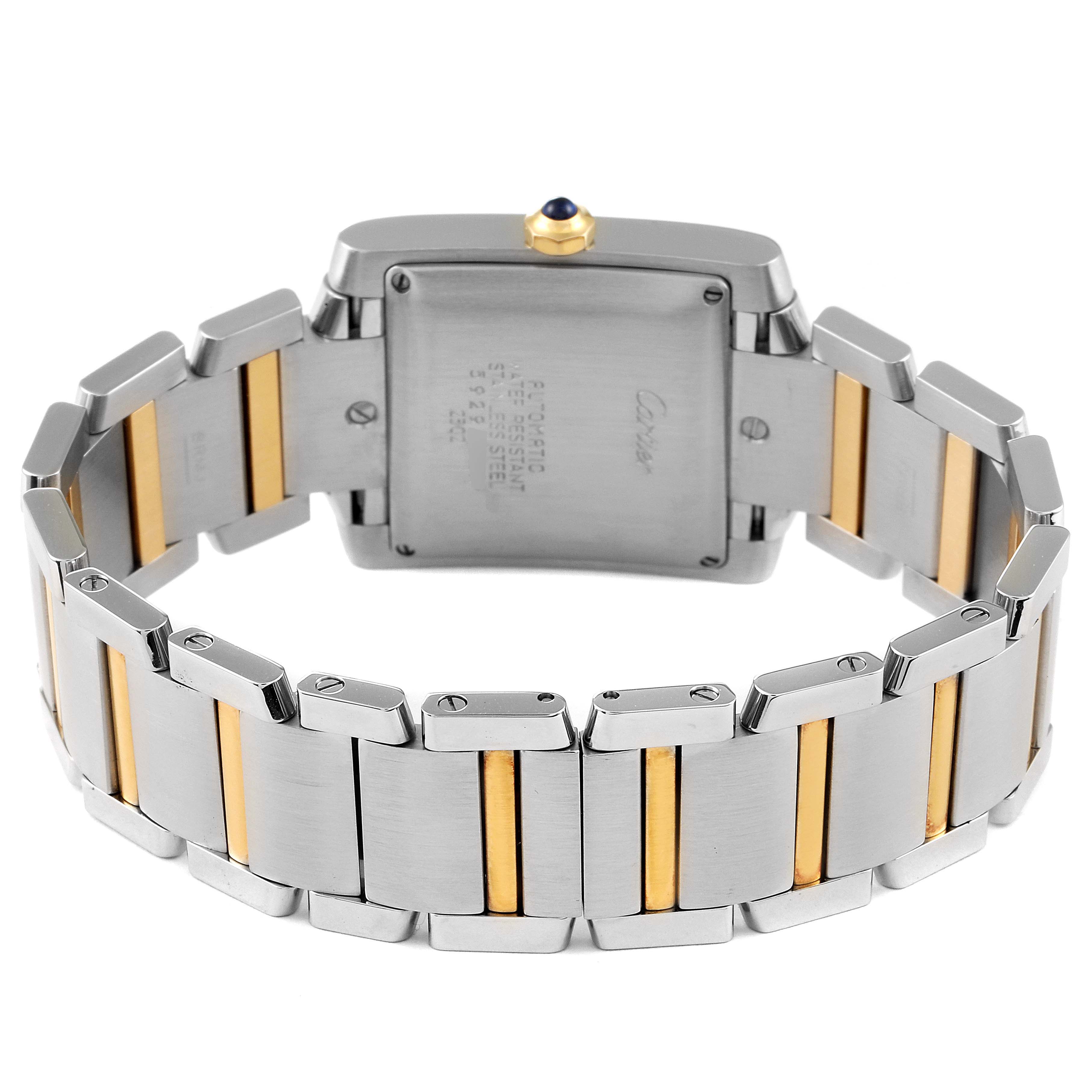 The image shows the back and bracelet of a Cartier Tank Francaise W51005Q4 Men's Steel and Gold (two tone) Silver Dial W51005Q4 Men's Steel and Gold (two tone) Silver Dial watch, highlighting its stainless steel and gold design.