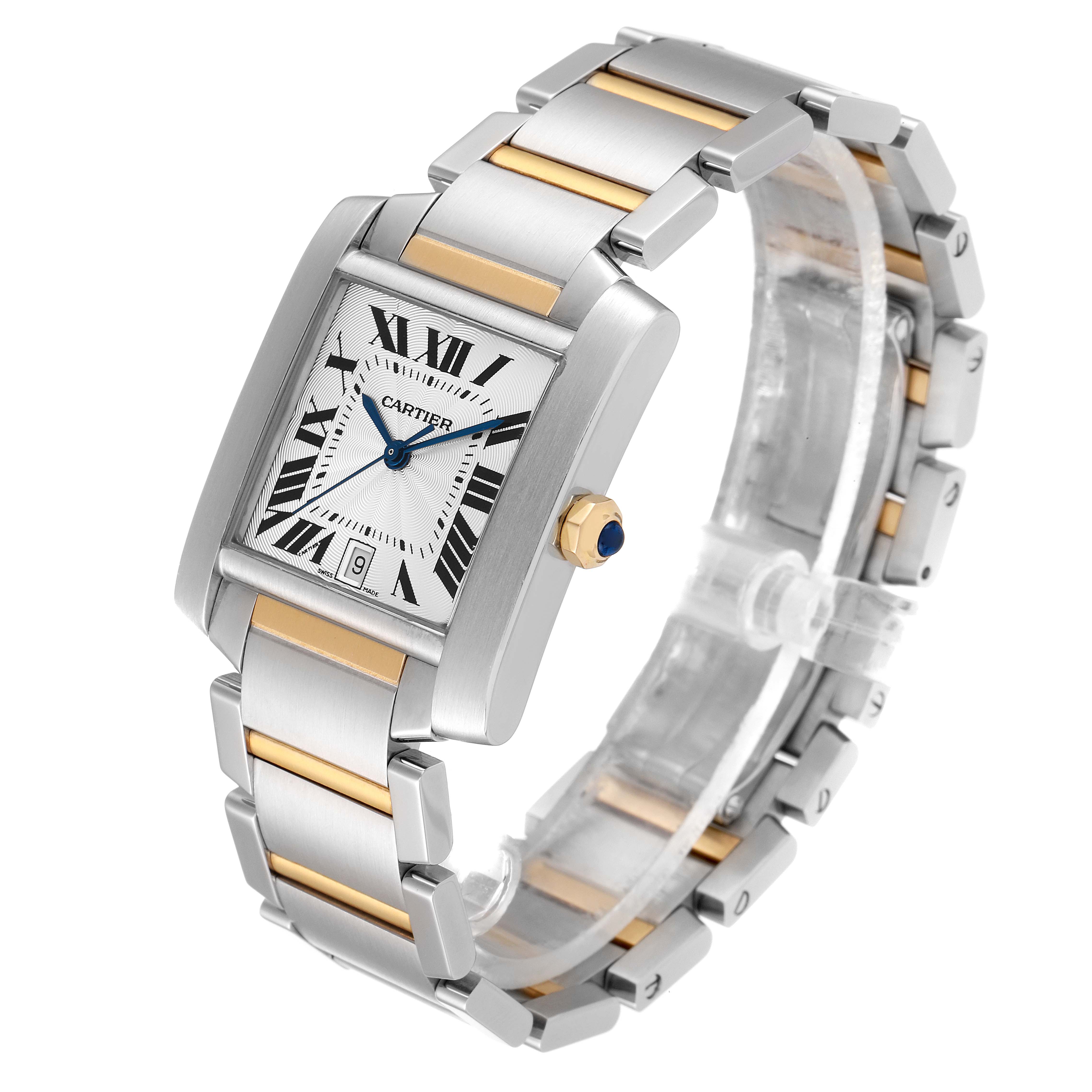 The Cartier Tank Francaise W51005Q4 Men's Steel and Gold (two tone) Silver Dial W51005Q4 Men's Steel and Gold (two tone) Silver Dial watch is shown at a three-quarter angle, highlighting its face, bracelet, and crown.