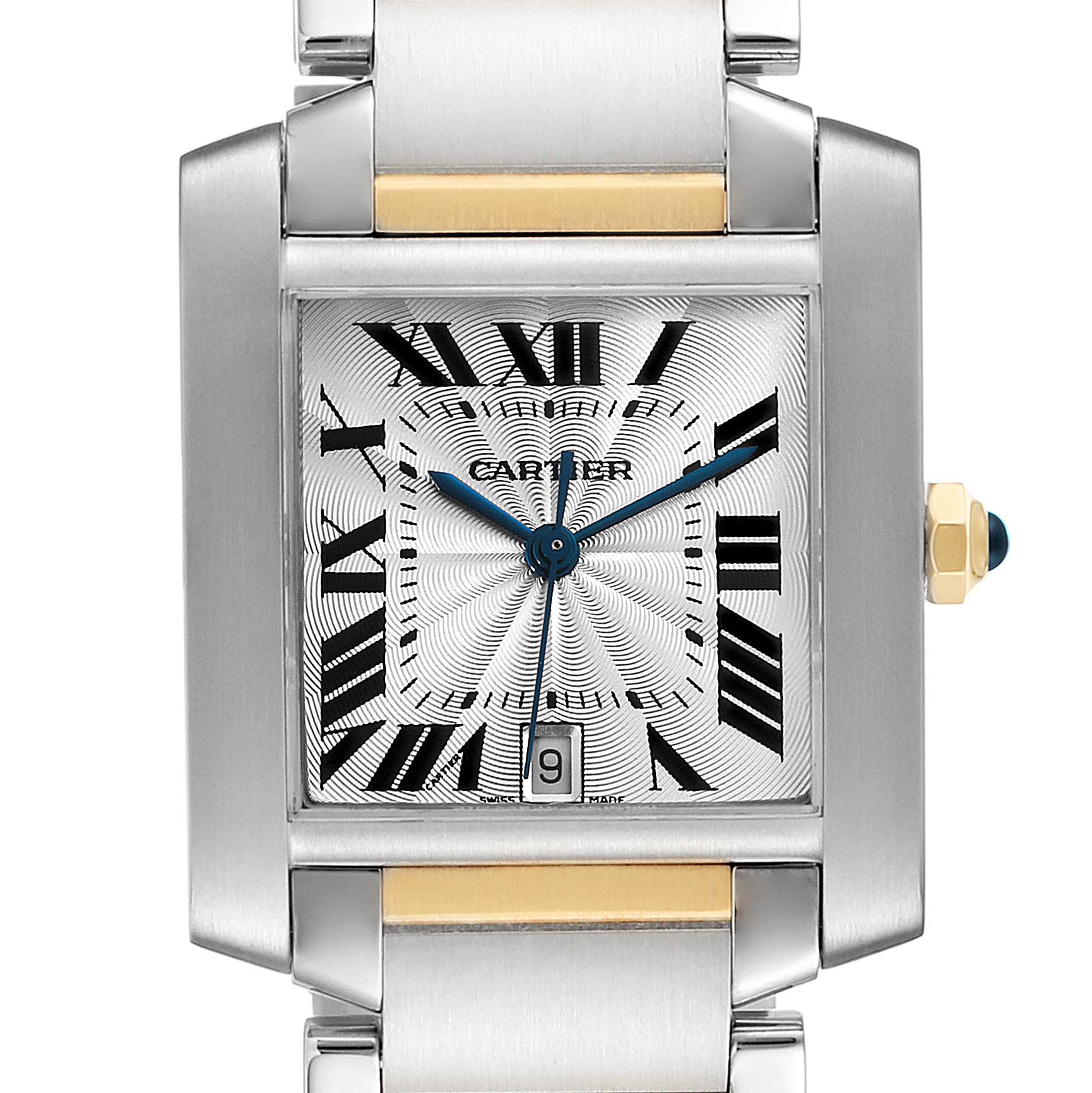 This image shows a close-up of the Cartier Tank Francaise W51005Q4 Men's Steel and Gold (two tone) Silver Dial W51005Q4 Men's Steel and Gold (two tone) Silver Dial watch face and part of the bracelet.