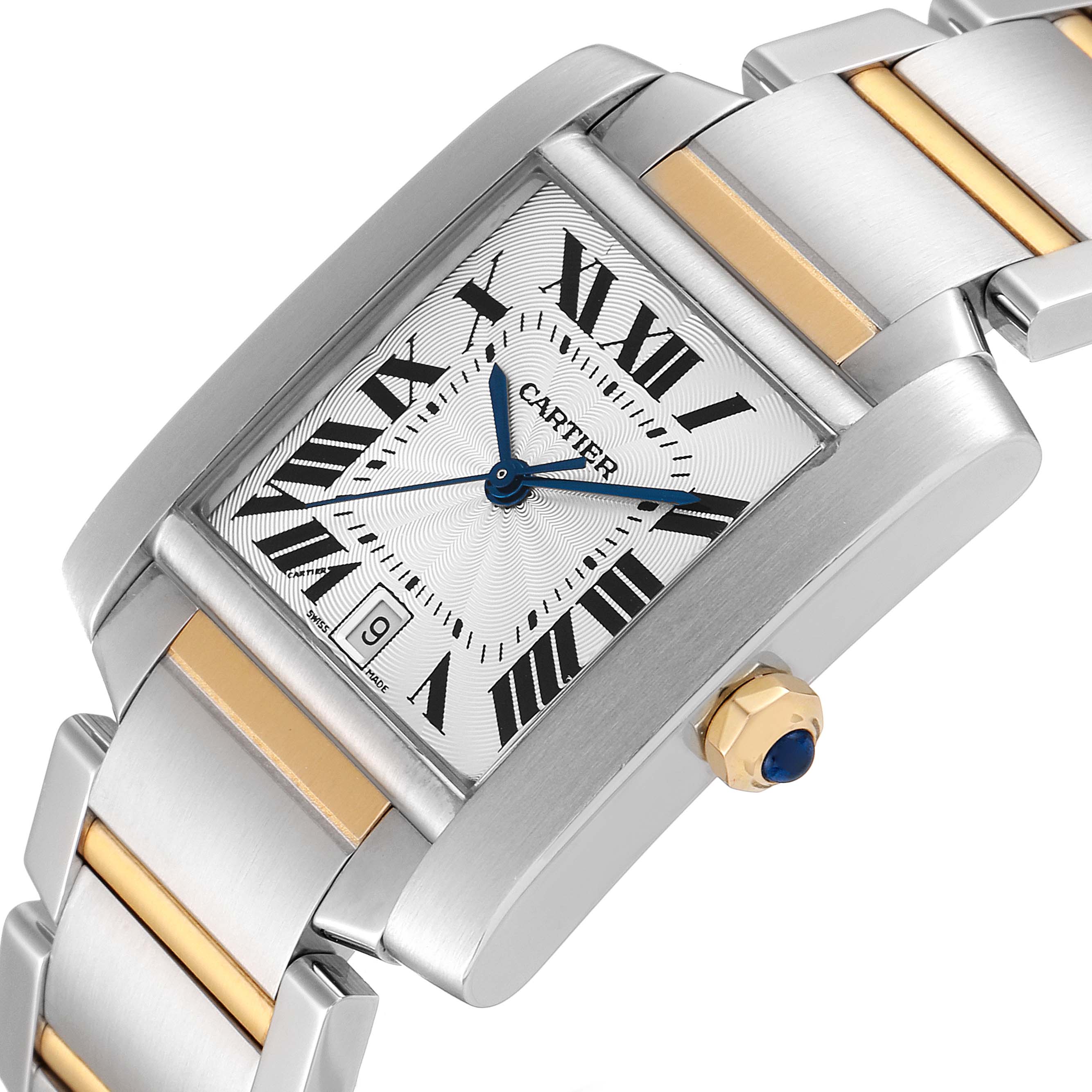 This image shows a close-up of the Cartier Tank Française watch, displaying its dial, bezel, crown, and part of the two-tone bracelet.