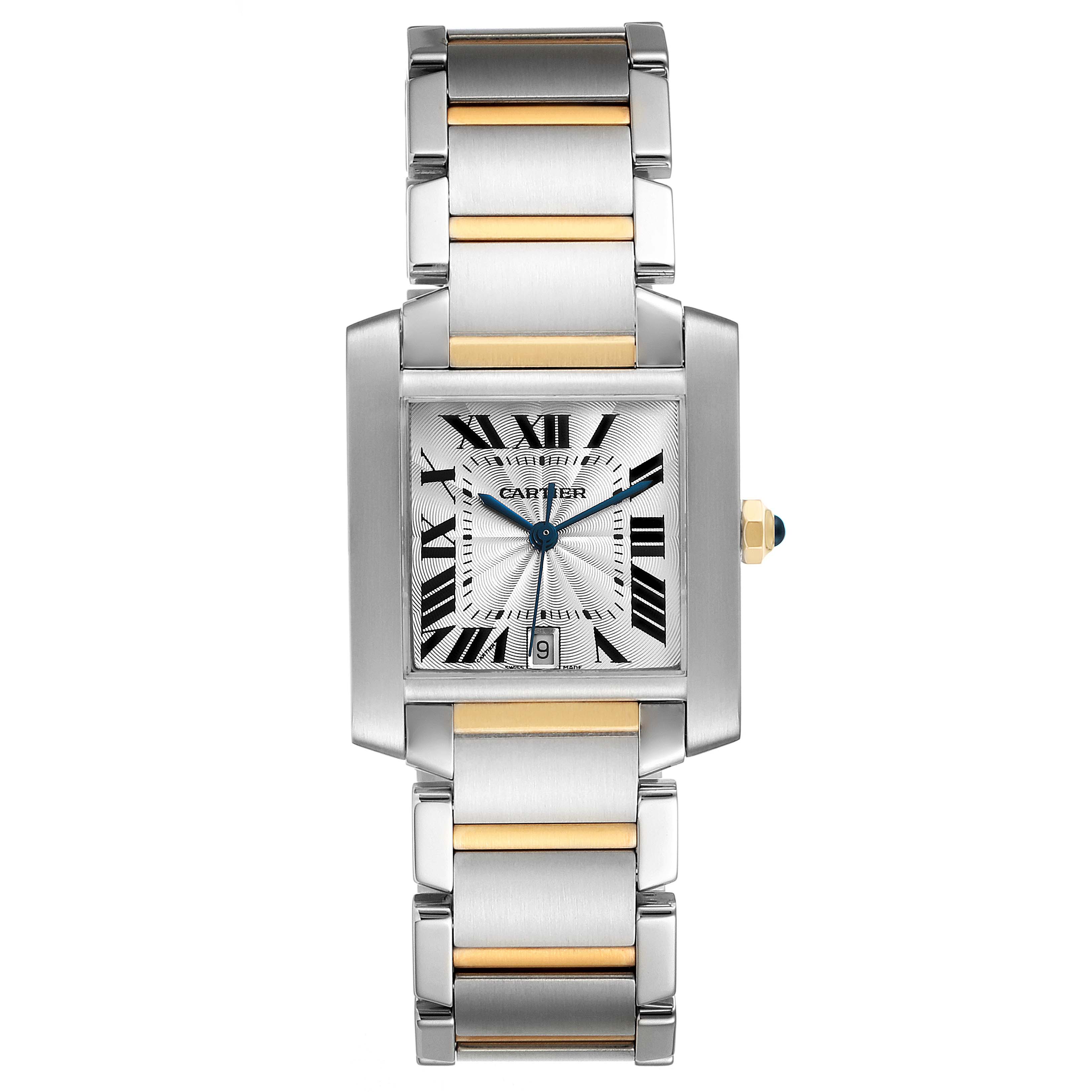 The image shows a top-down view of a Cartier Tank Française watch, displaying its face and two-tone metal bracelet.