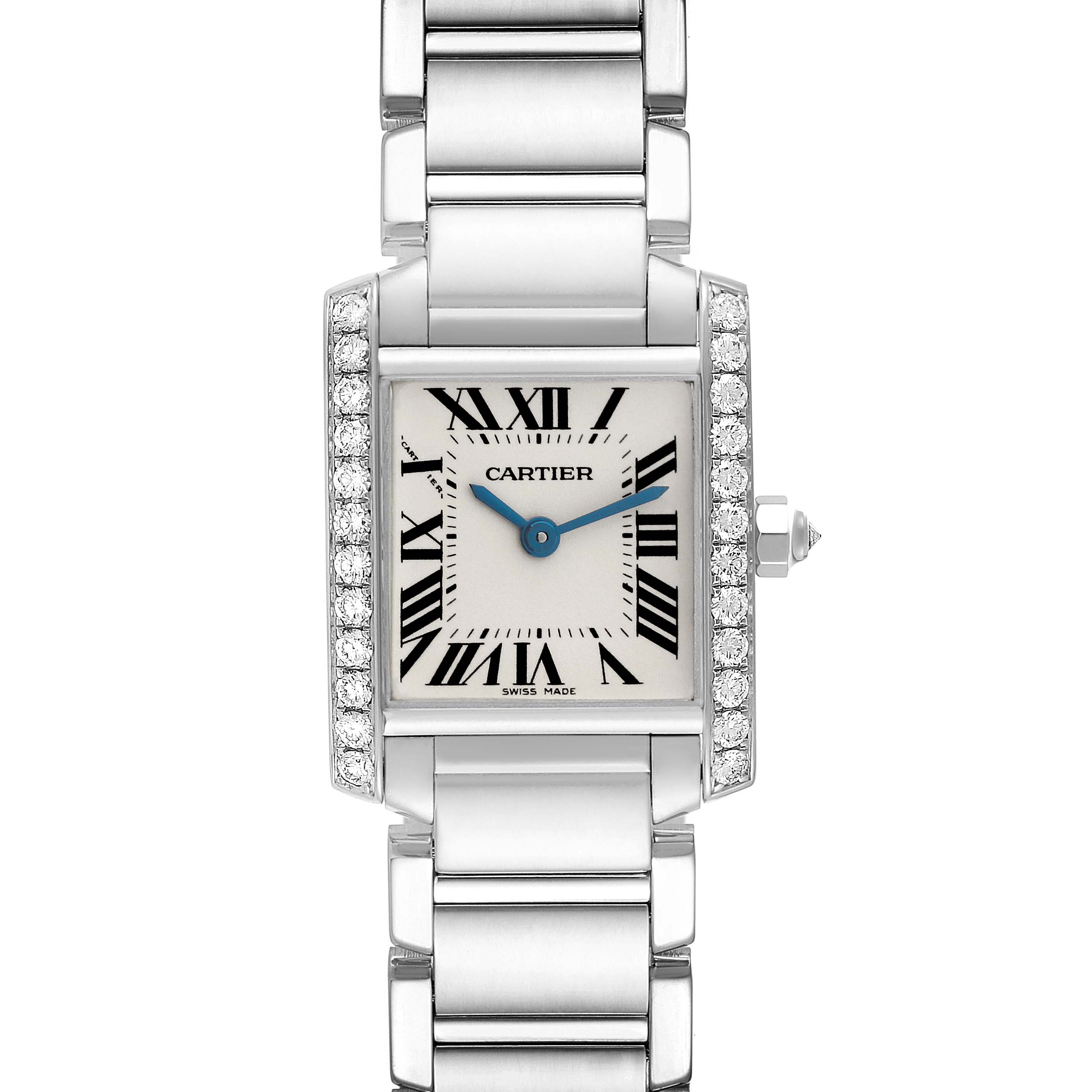 This image shows the front view of a Cartier Tank Française watch, featuring its face, bracelet, crown, and diamond-studded bezel.