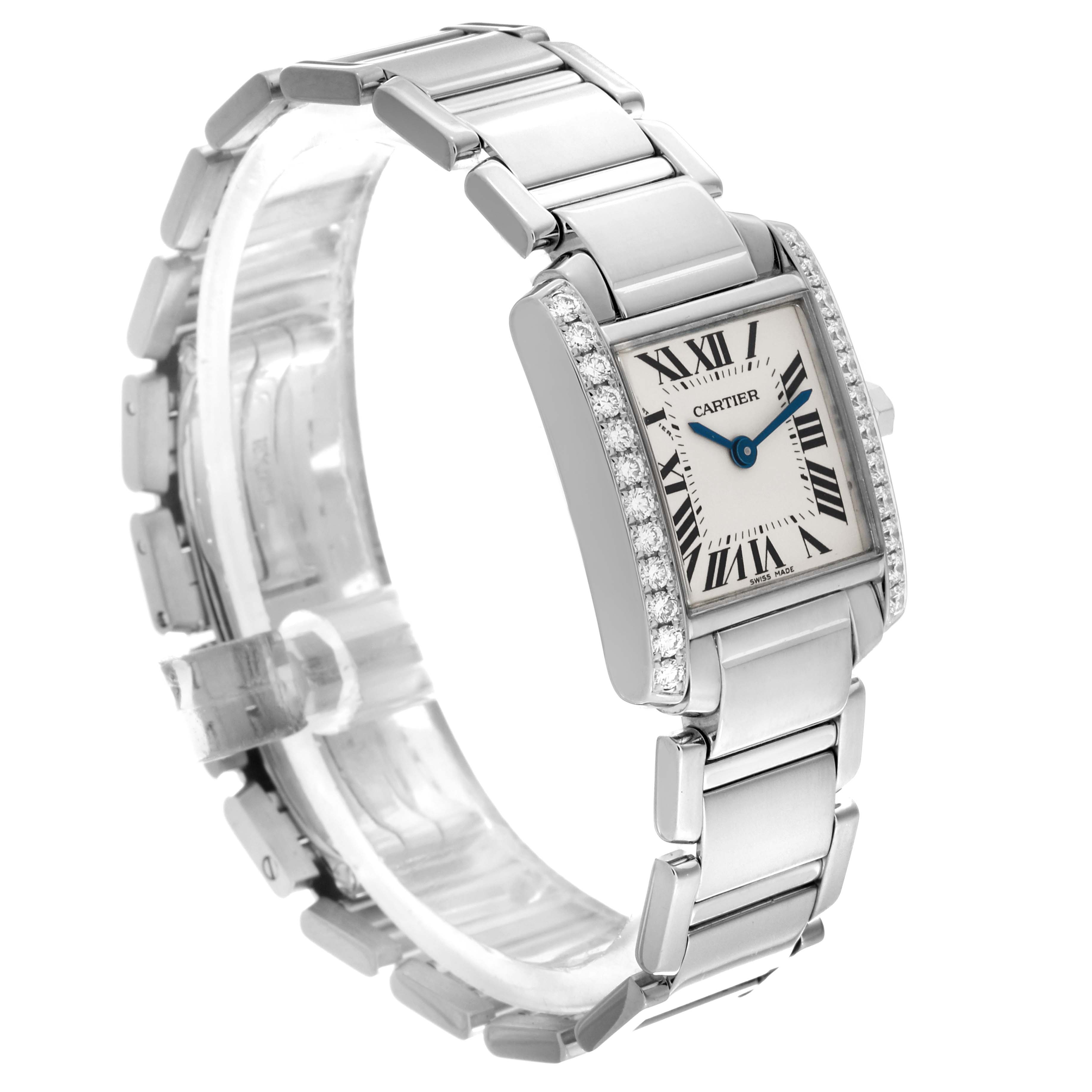 The image shows a Cartier Tank Française watch from a three-quarter angle, displaying its bracelet, rectangular face, and diamond bezel.