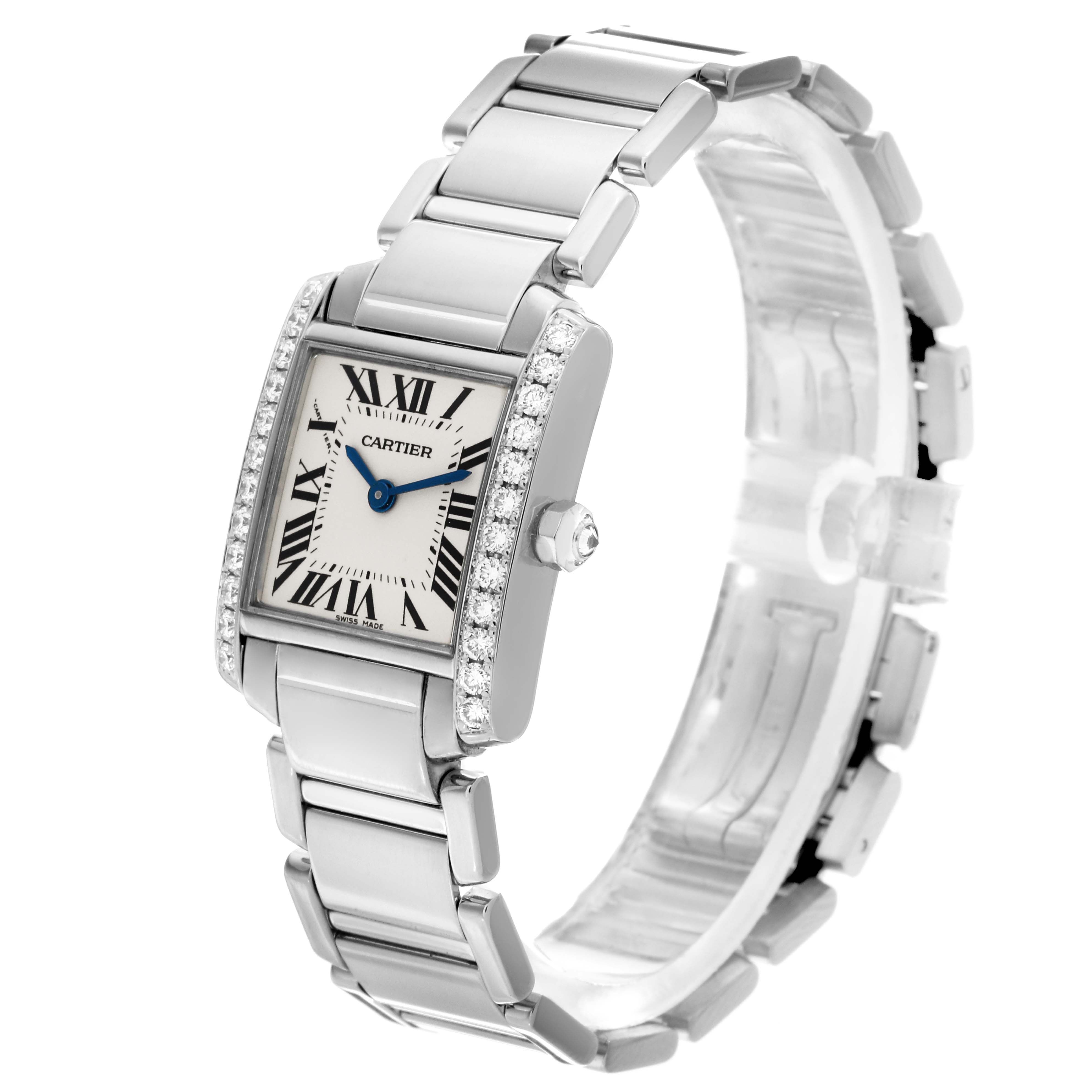 The image shows a side and front view of a Cartier Tank Francaise WE1002S3 Women's White Gold Silver Dial WE1002S3 Women's White Gold Silver Dial watch, highlighting its rectangular dial, bracelet, and diamond accents.