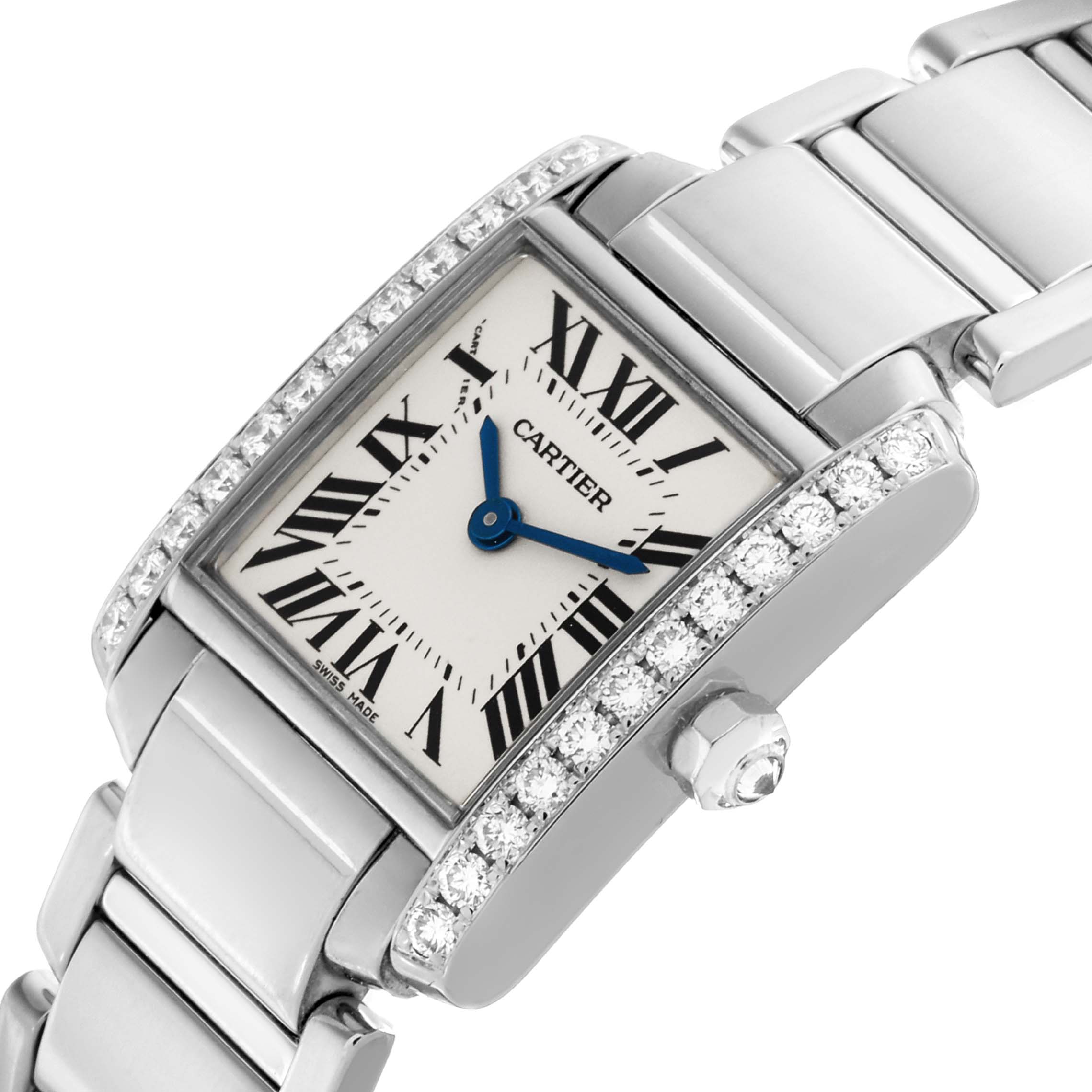 The image shows a Cartier Tank Francaise WE1002S3 Women's White Gold Silver Dial WE1002S3 Women's White Gold Silver Dial watch from an angled close-up, highlighting the face, bezel, and part of the bracelet.