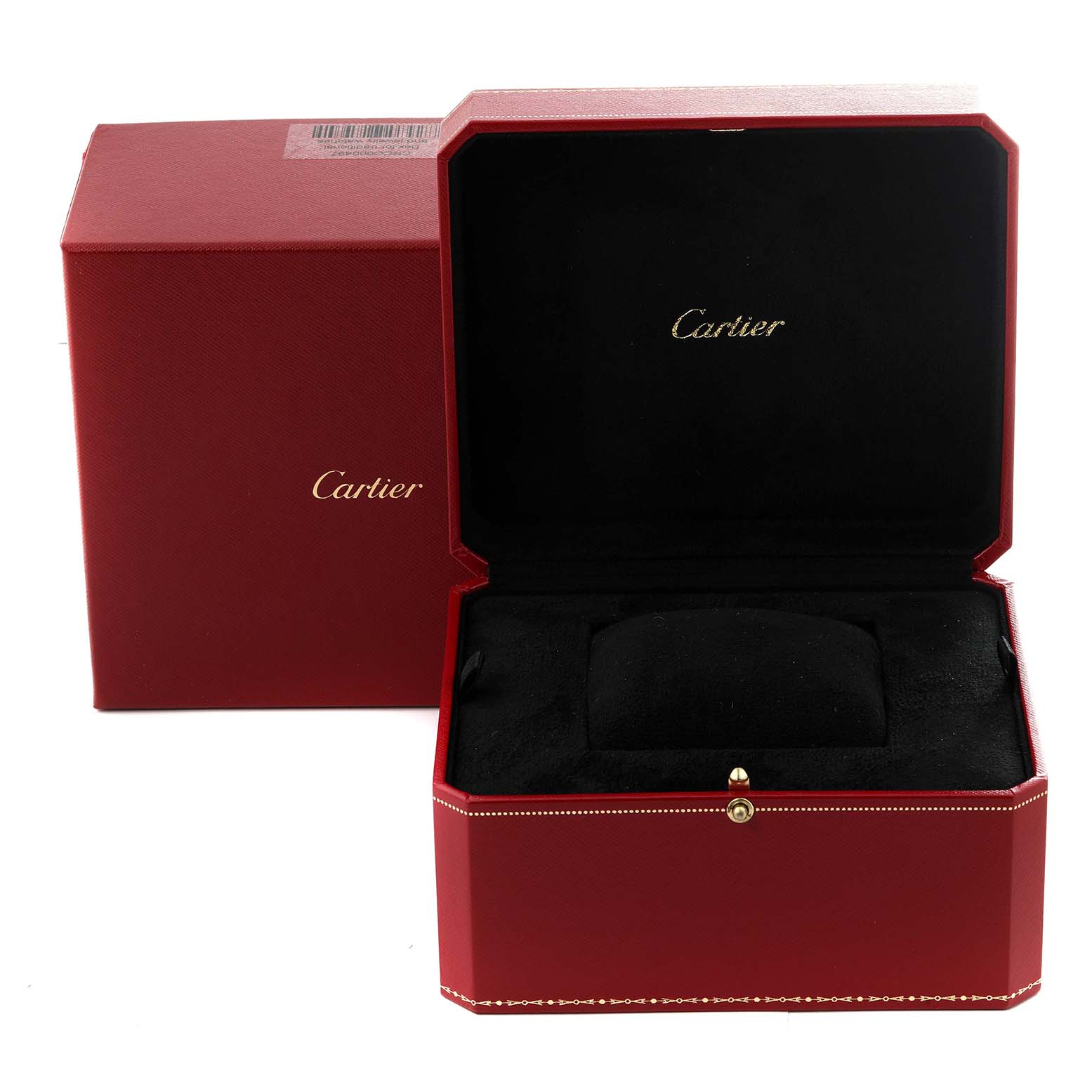The image shows the open and closed red Cartier Tank Francaise WE1002S3 Women's White Gold Silver Dial WE1002S3 Women's White Gold Silver Dial watch box, lined with black velvet.