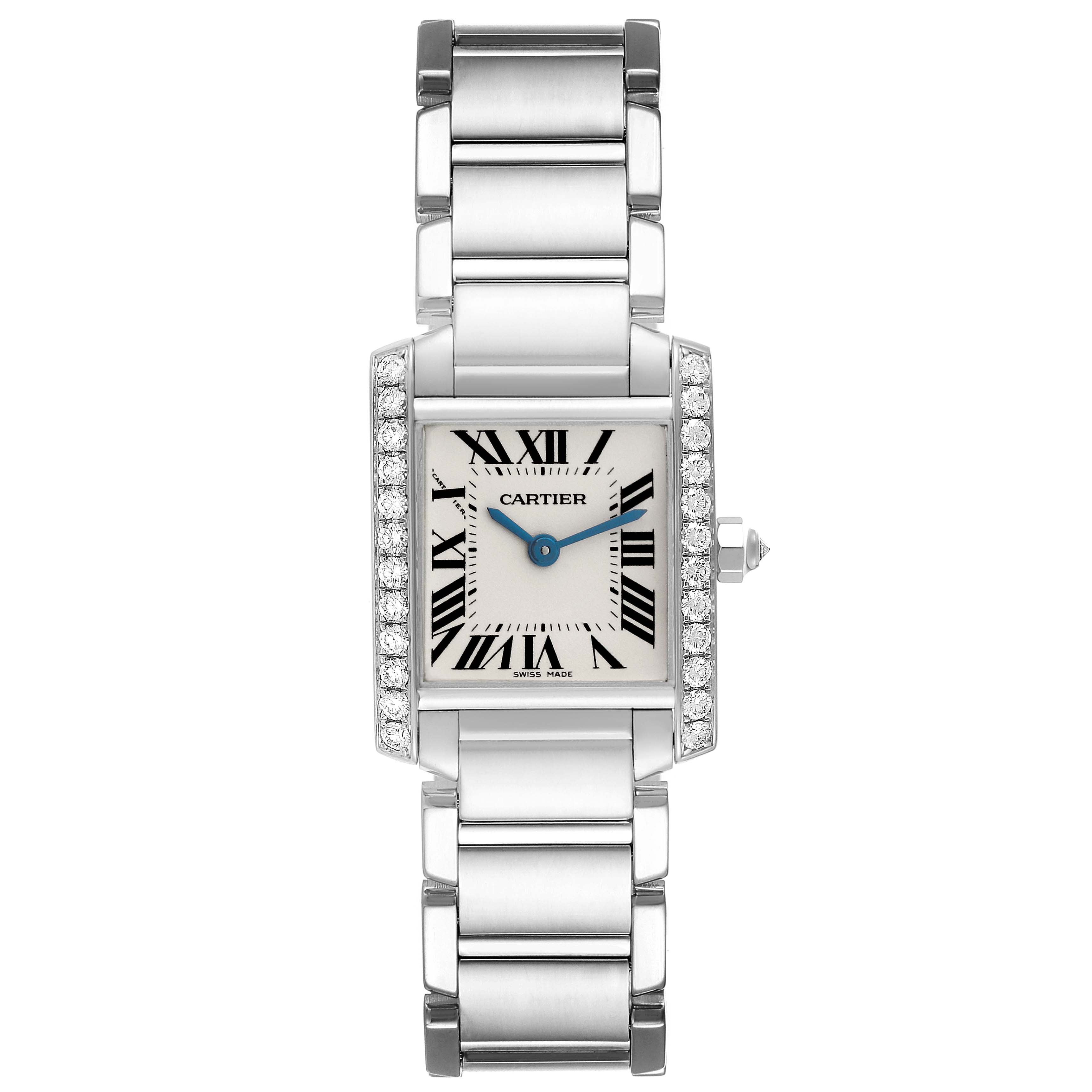 The image shows a top-down view of a Cartier Tank Francaise WE1002S3 Women's White Gold Silver Dial WE1002S3 Women's White Gold Silver Dial watch, featuring its rectangular face, Roman numerals, and metal bracelet.