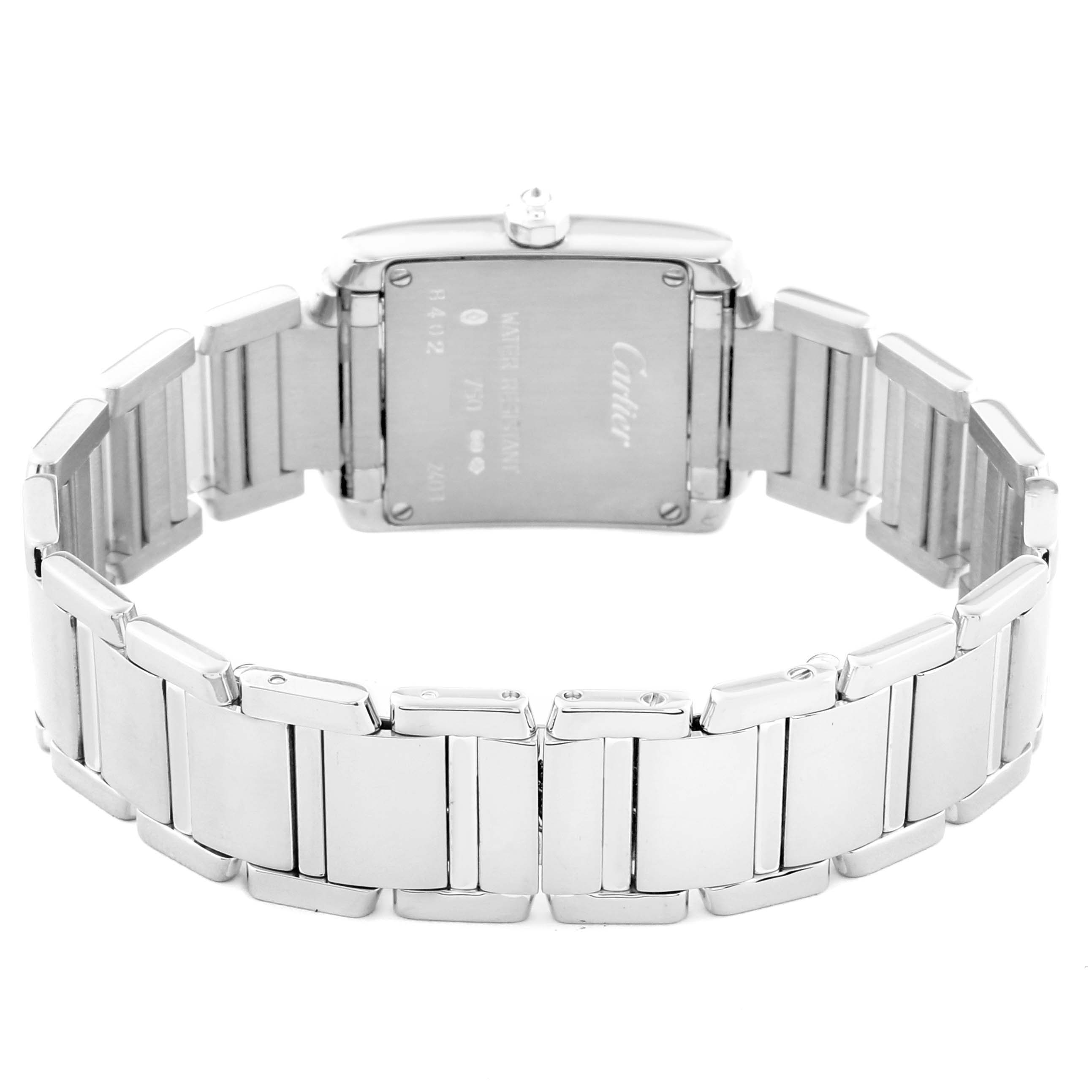 The image shows the back case and bracelet of a Cartier Tank Francaise WE1002S3 Women's White Gold Silver Dial WE1002S3 Women's White Gold Silver Dial watch from a rear angle.