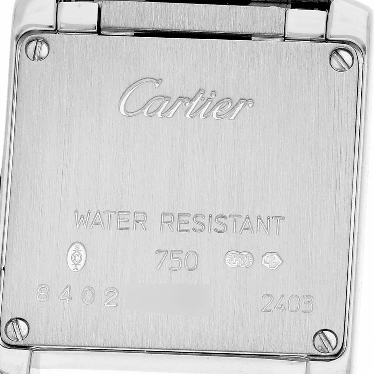 The image shows the back case of a Tank Francaise watch by Cartier, highlighting its water resistance and other inscriptions.
