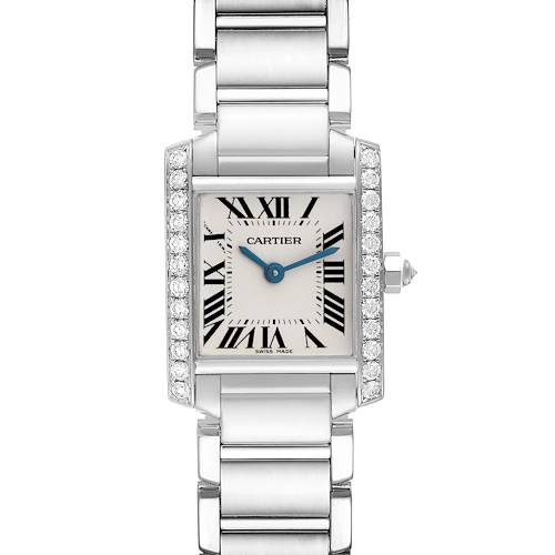 This image shows the front view of the Cartier Tank Francaise watch, highlighting its rectangular dial, Roman numerals, and metal bracelet.