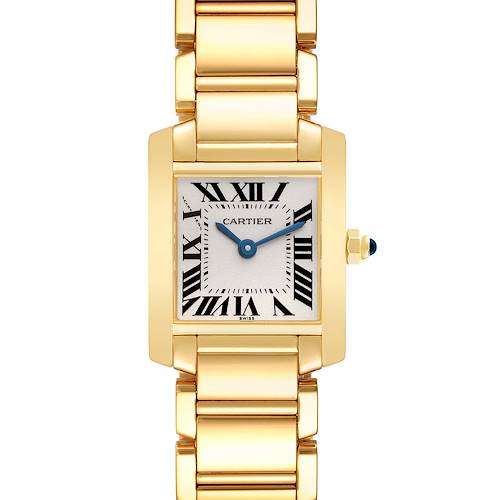 The image shows a front view of a Cartier Tank Française watch, displaying its gold bracelet, rectangular case, and Roman numeral dial.