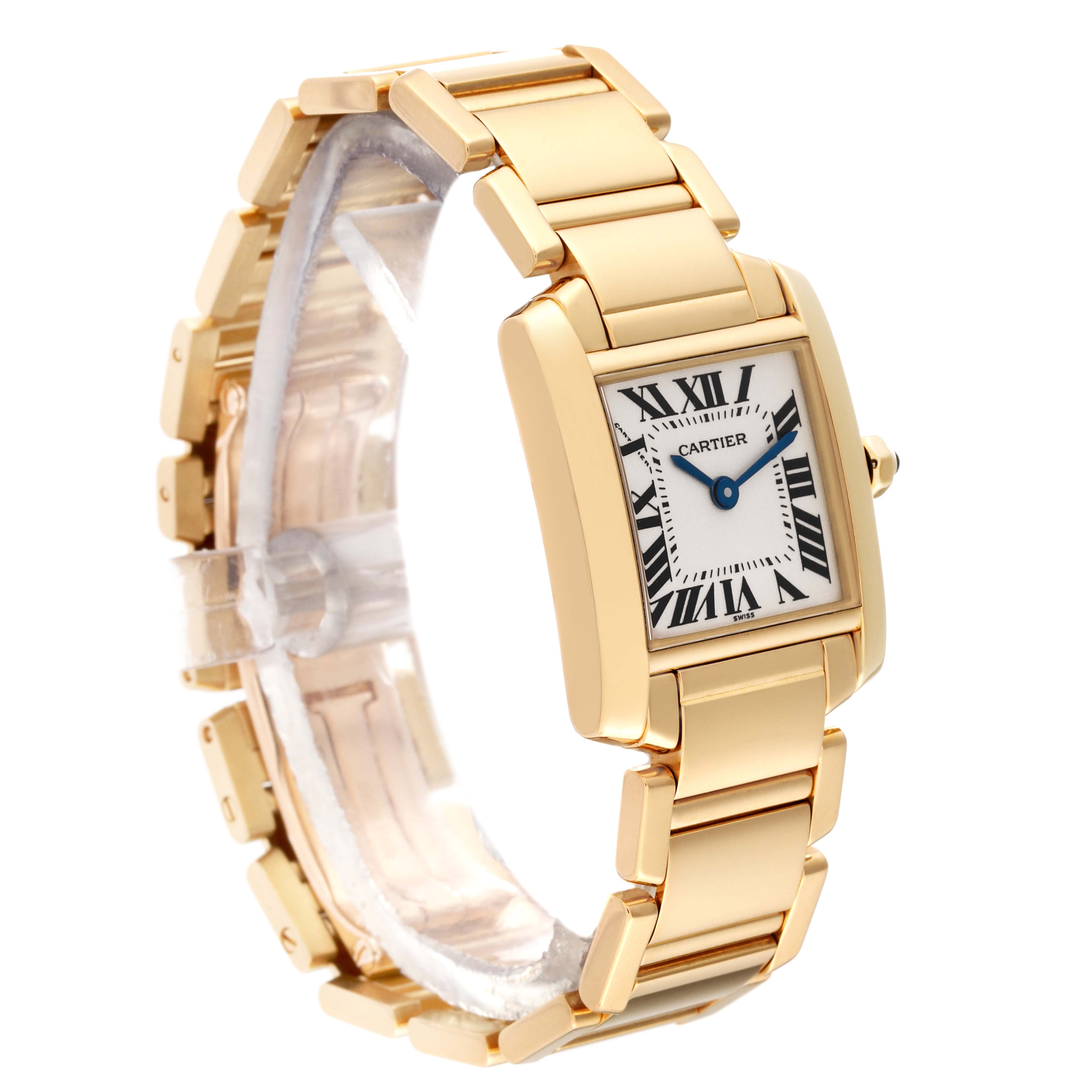 The photo shows a Cartier Tank Française watch at an angle, highlighting its gold rectangular face, Roman numerals, and linked bracelet.