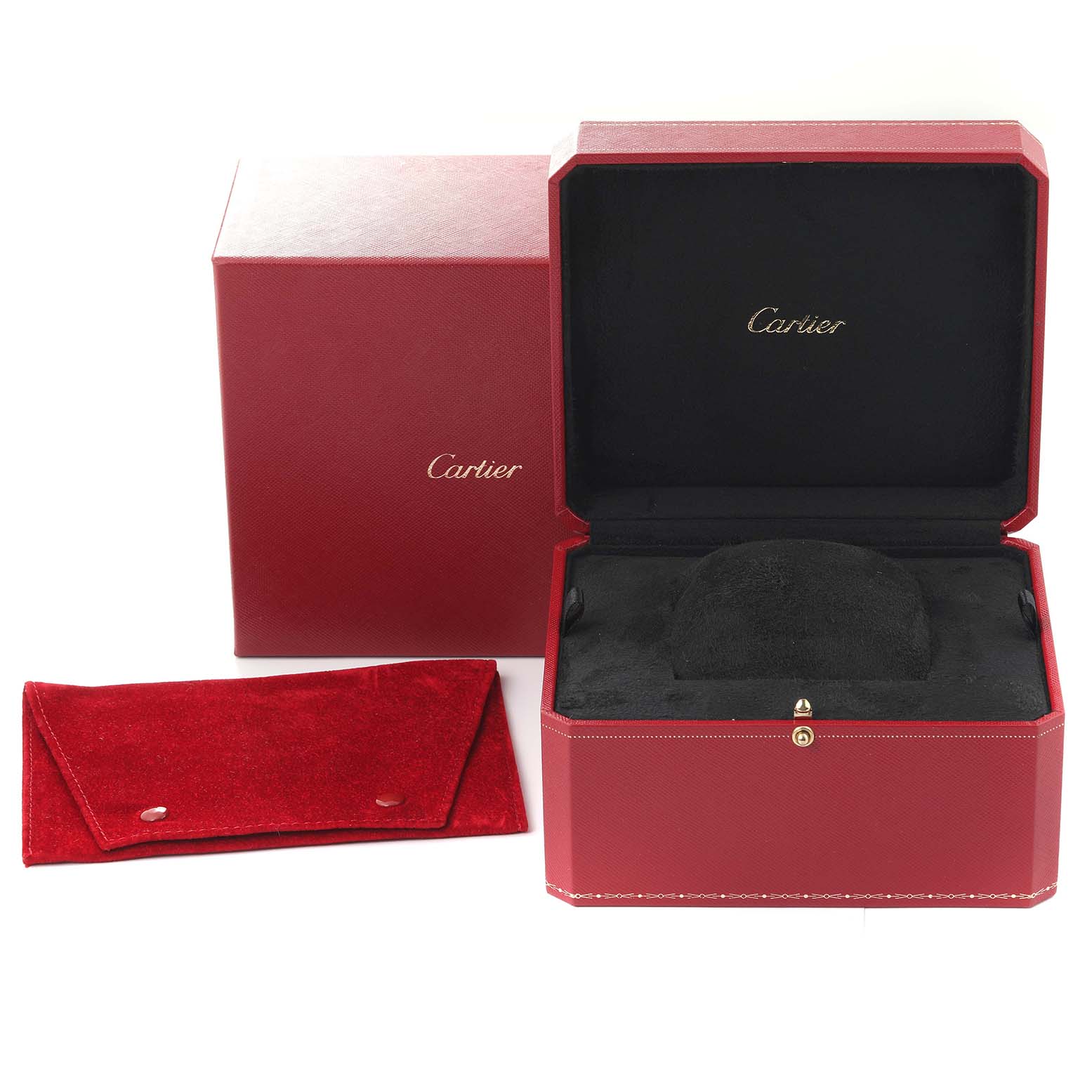 This image shows the Cartier Tank Francaise W50002N2 Women's Yellow Gold Silver Dial W50002N2 Women's Yellow Gold Silver Dial watch box and a red velvet pouch from an eye-level angle.