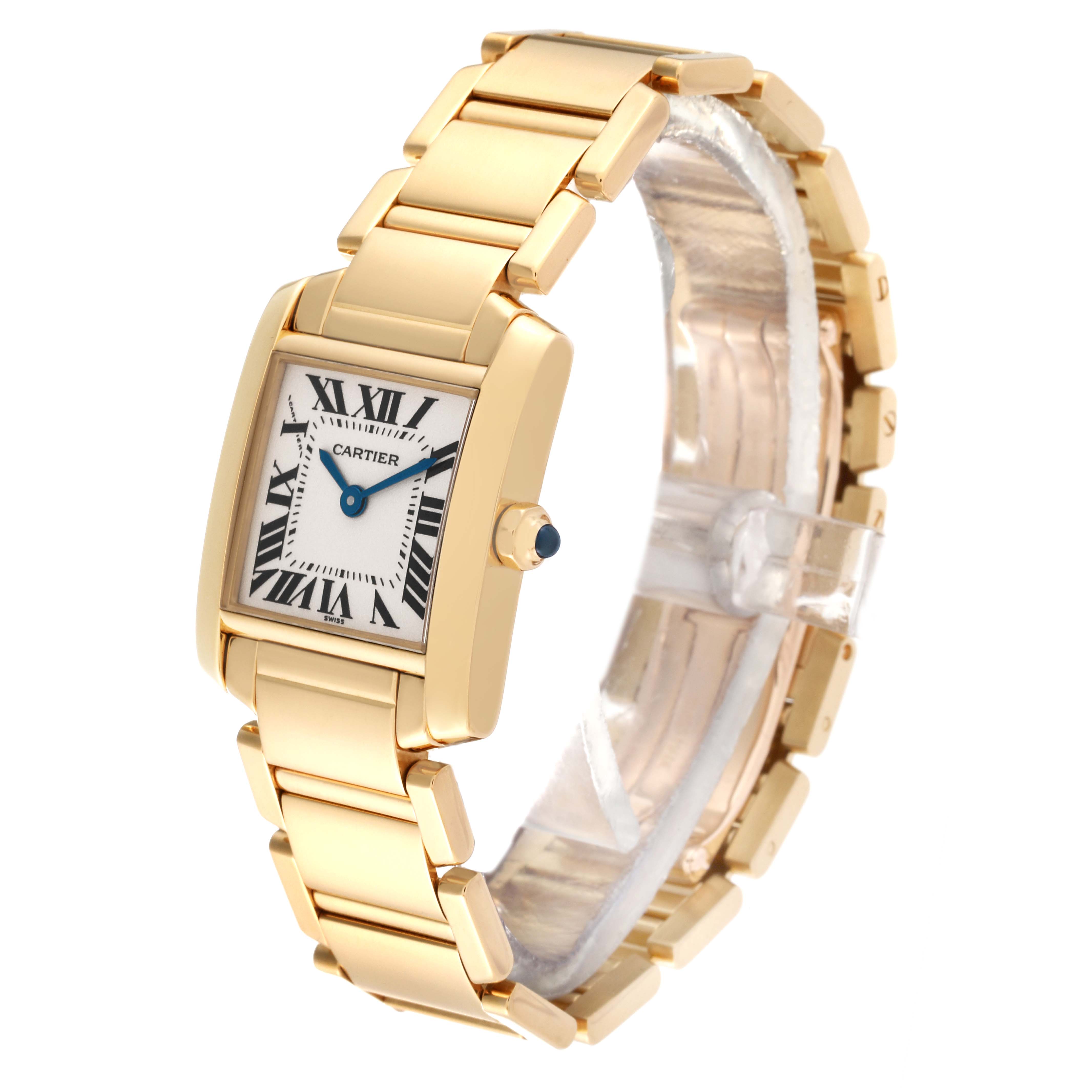 This image shows a Tank Française watch by Cartier from a three-quarter angle, highlighting the face, bezel, and gold bracelet.