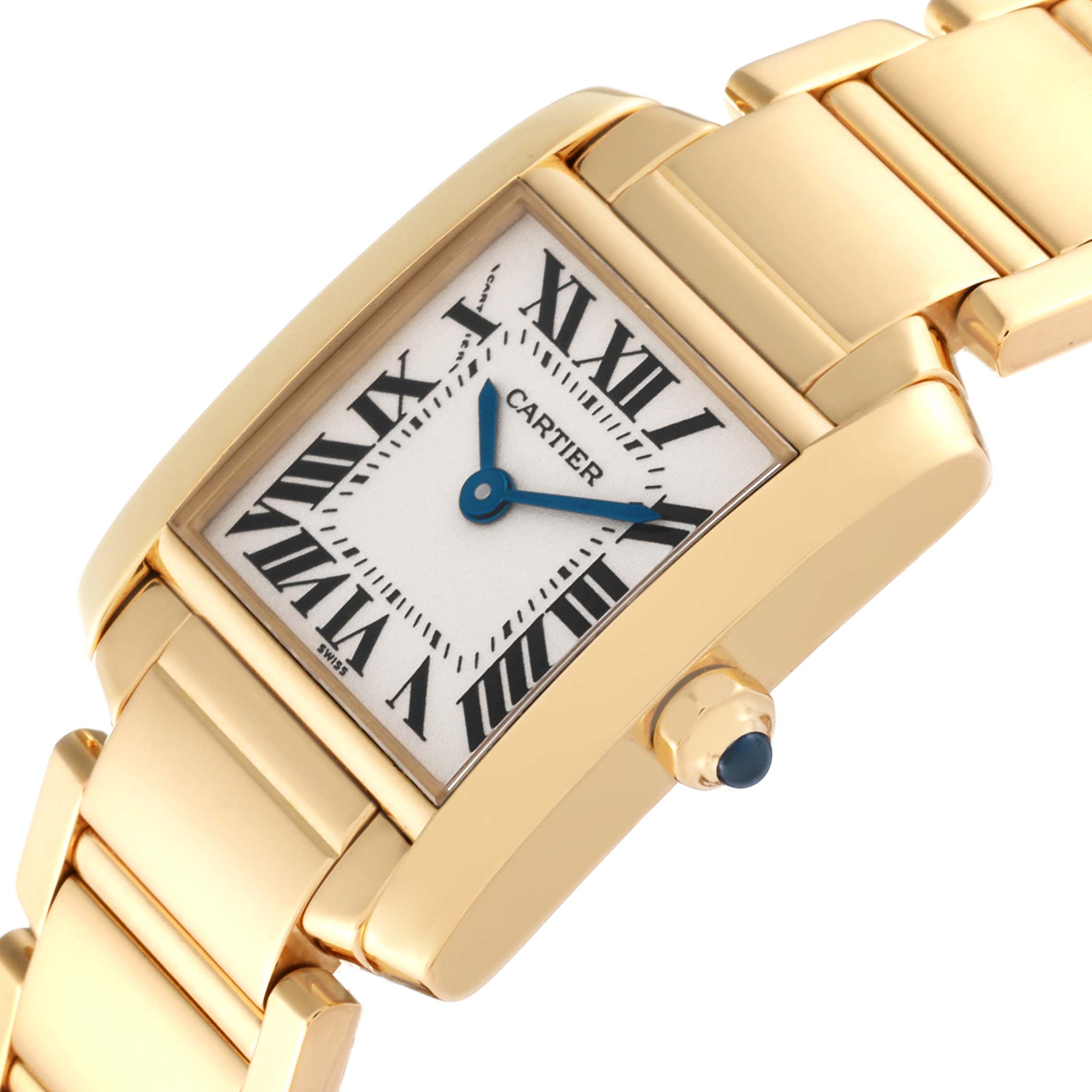 This image shows a Cartier Tank Française watch at an angle highlighting its gold case, white dial with Roman numerals, and blue hands.