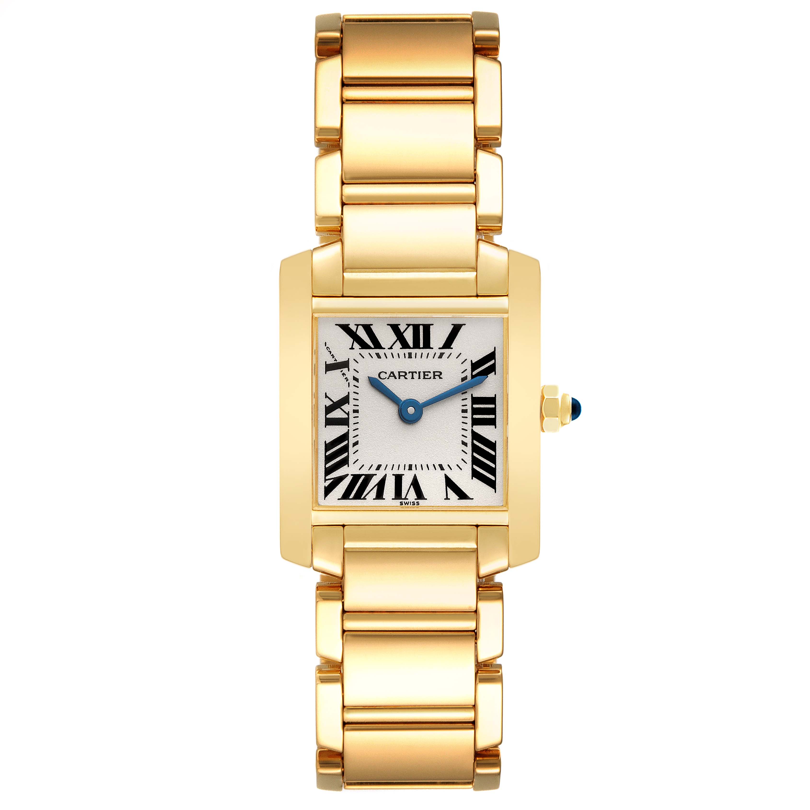 This image shows the front view of the Cartier Tank Francaise W50002N2 Women's Yellow Gold Silver Dial W50002N2 Women's Yellow Gold Silver Dial watch, highlighting its gold bracelet, rectangular case, and Roman numeral dial.