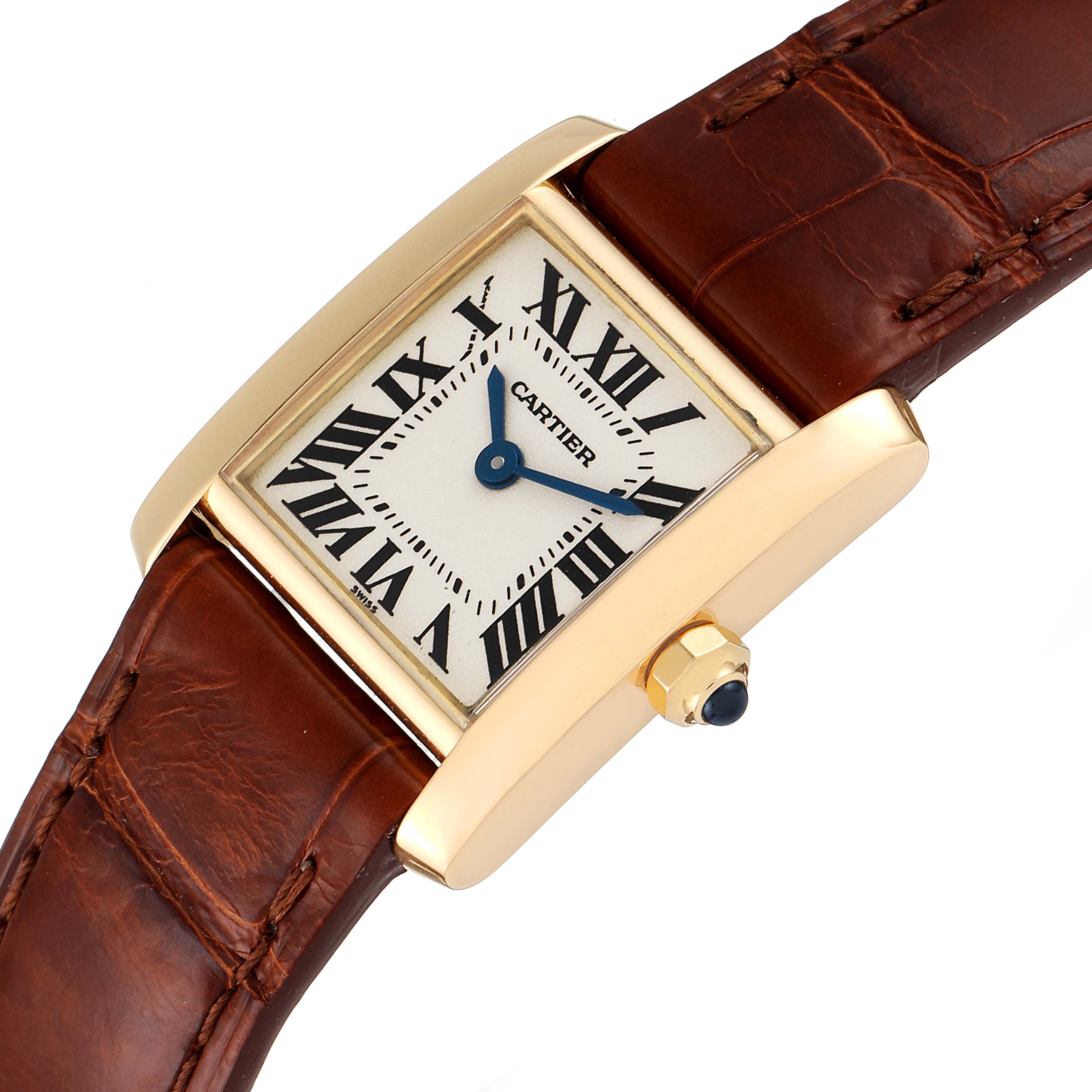 This image shows a Cartier Tank Francaise W5000256 Women's Yellow Gold Silver Dial W5000256 Women's Yellow Gold Silver Dial watch at a slight angle, featuring its rectangular dial, Roman numerals, and brown leather strap.