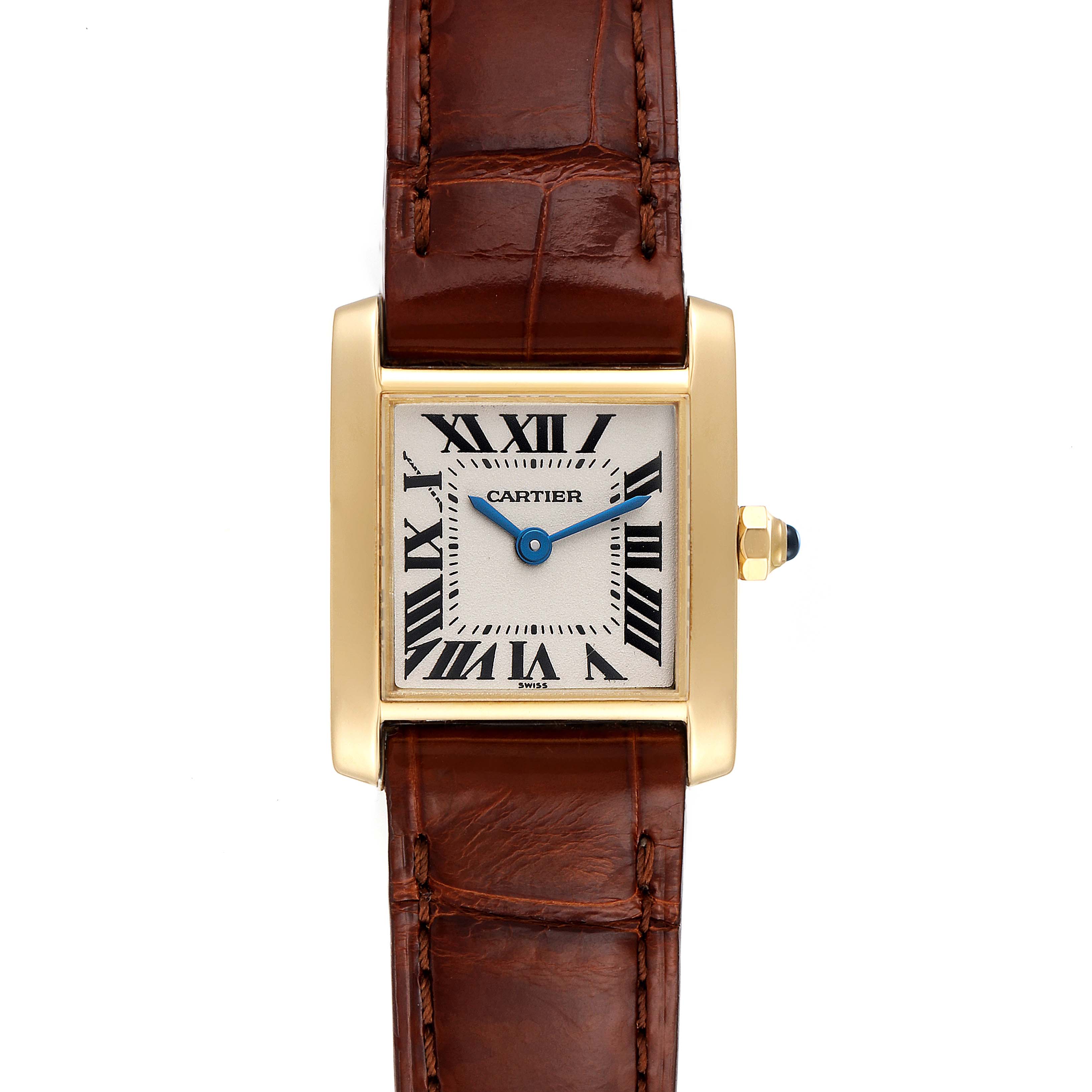 This image shows a top-down view of a Cartier Tank Française watch, highlighting its rectangular dial, gold case, and leather strap.