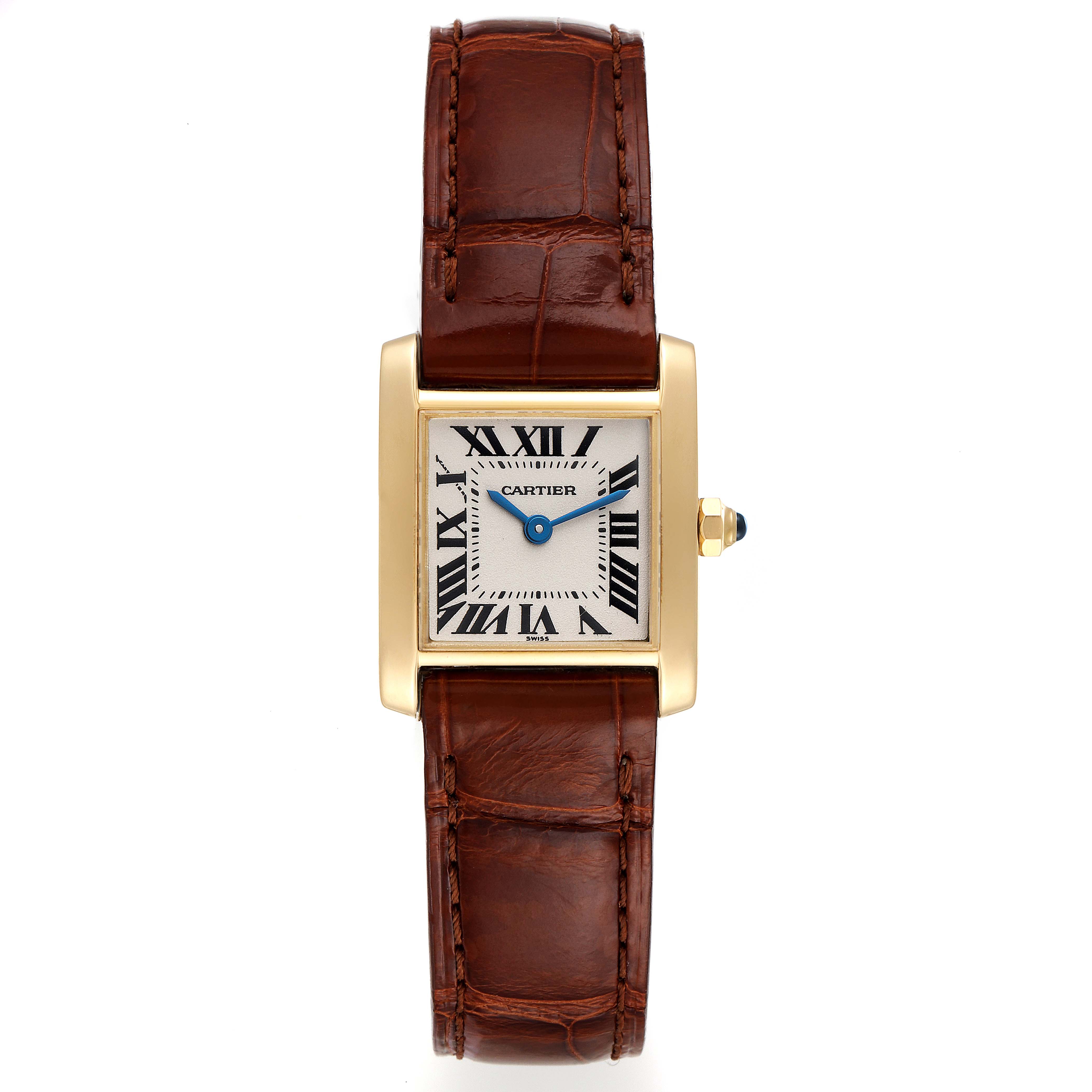 This image shows a top-down view of a Cartier Tank Francaise W5000256 Women's Yellow Gold Silver Dial W5000256 Women's Yellow Gold Silver Dial watch, highlighting its gold case, brown leather strap, and Roman numeral dial.