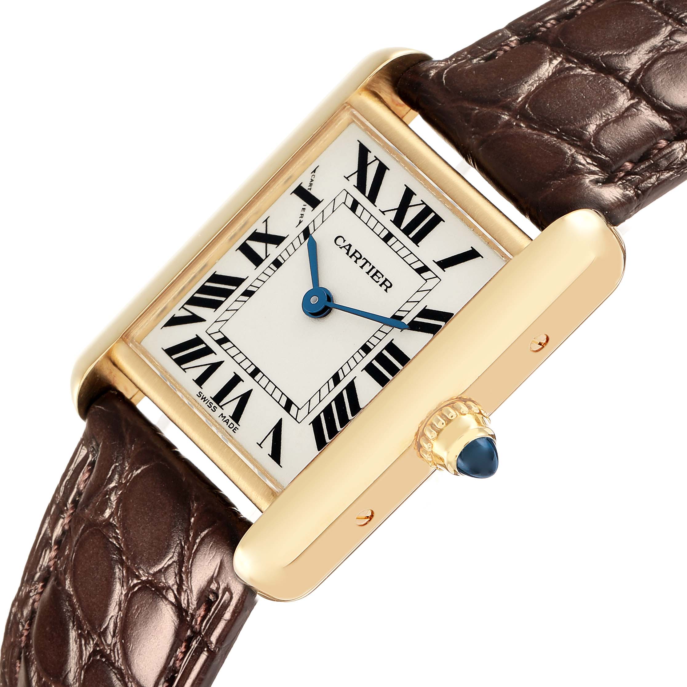 The Cartier Tank Louis W1529856 Women
s Yellow Gold Silver Dial watch is shown at an angled top-down view, highlighting its rectangular face, Roman numerals, and leather strap.