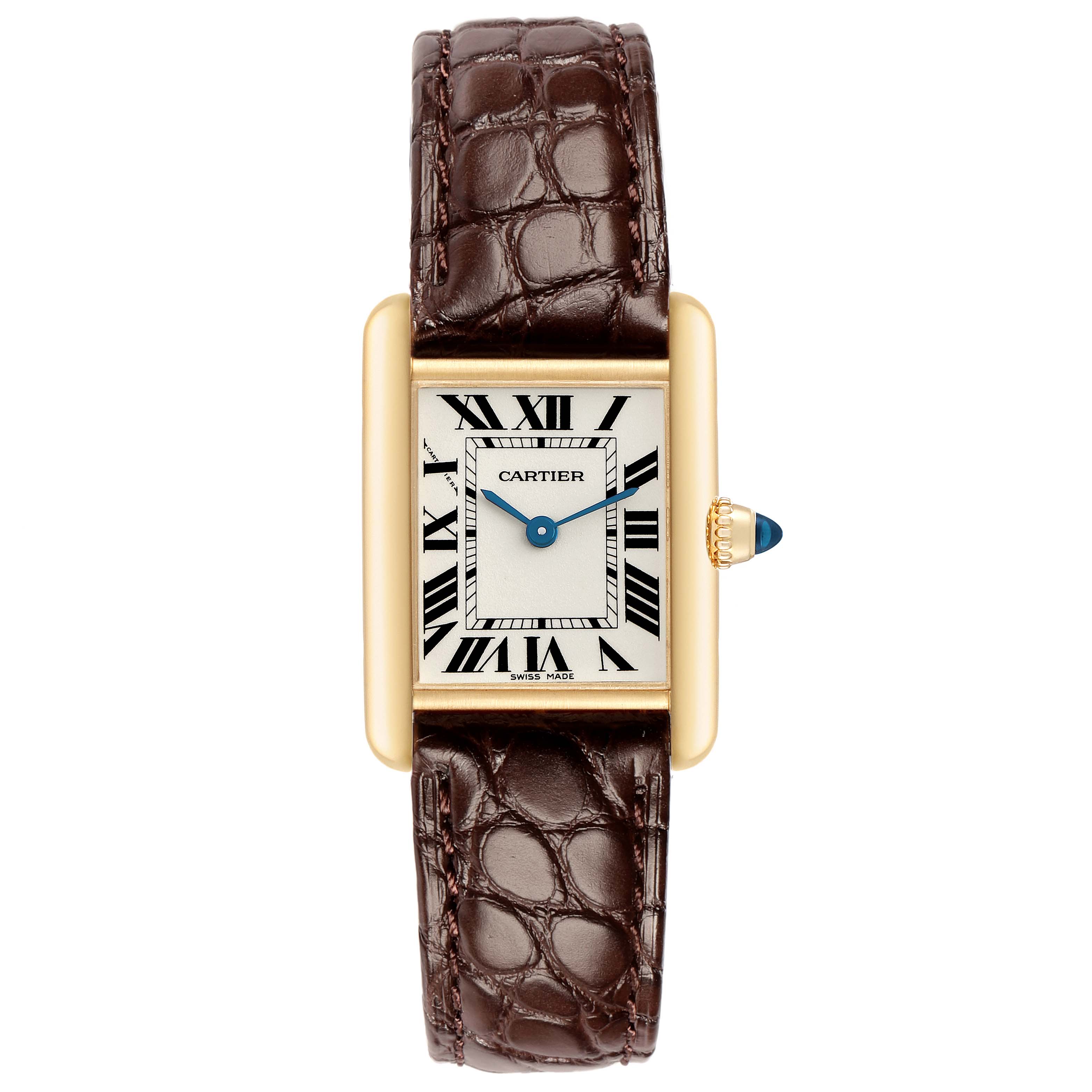 The Cartier Tank Louis W1529856 Women
s Yellow Gold Silver Dial watch is shown from the front, displaying the face, Roman numerals, gold case, and brown leather strap.