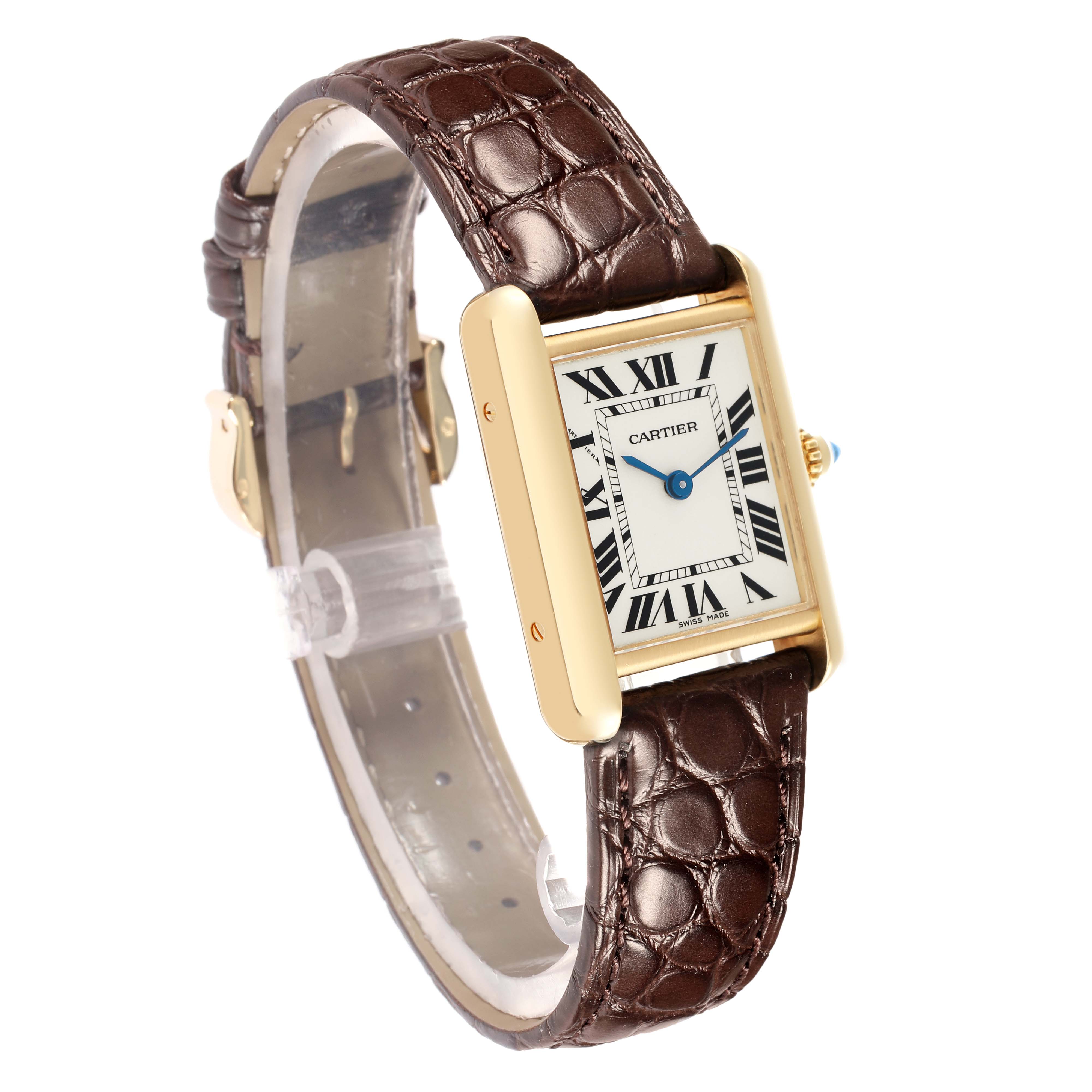 The Tank Louis model by Cartier is shown at a three-quarter angle, displaying the case, dial, crown, and leather strap.