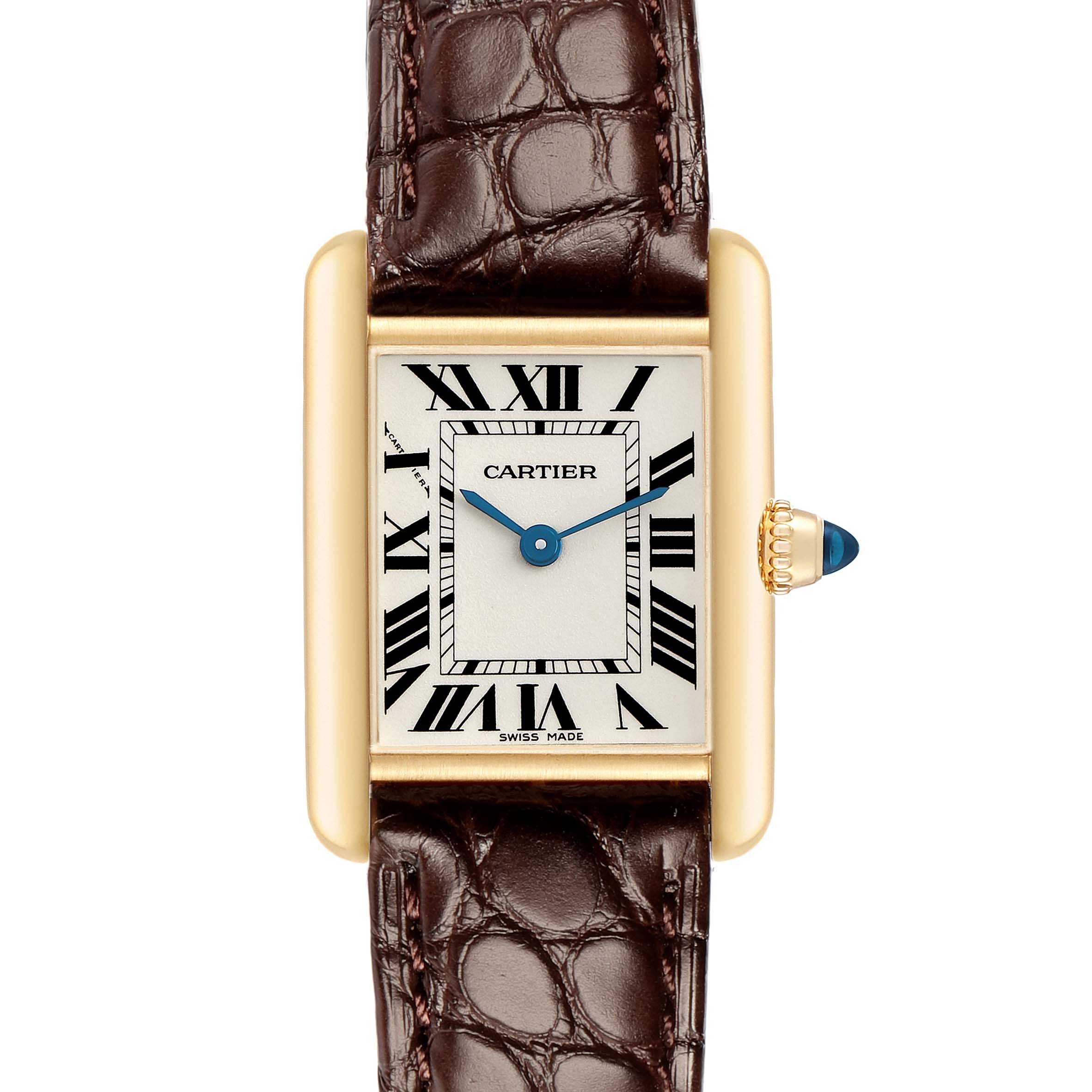 The Cartier Tank Louis W1529856 Women
s Yellow Gold Silver Dial watch is shown from the front, highlighting its rectangular face, Roman numerals, and brown leather strap.