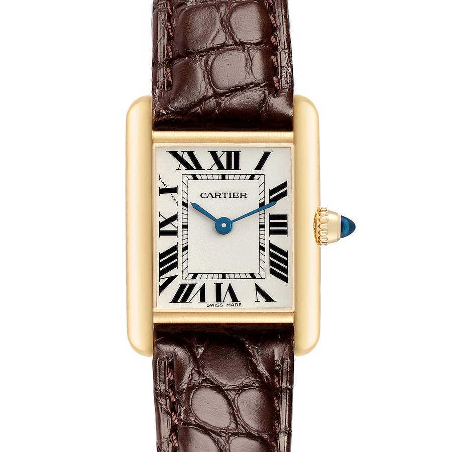 The Cartier Tank Louis W1529856 Women's Yellow Gold Silver Dial watch is shown from the front, highlighting its rectangular face, Roman numerals, and brown leather strap.