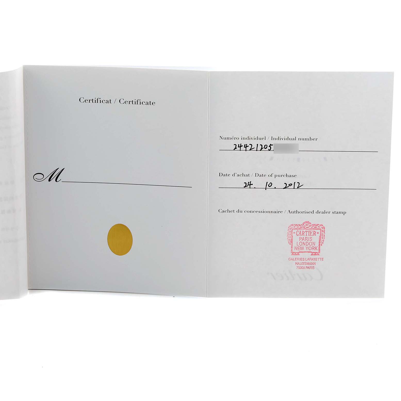 This image shows the certificate and Best Quality
ity papers for the Cartier Tank Louis W1529856 Women
s Yellow Gold Silver Dial model watch.