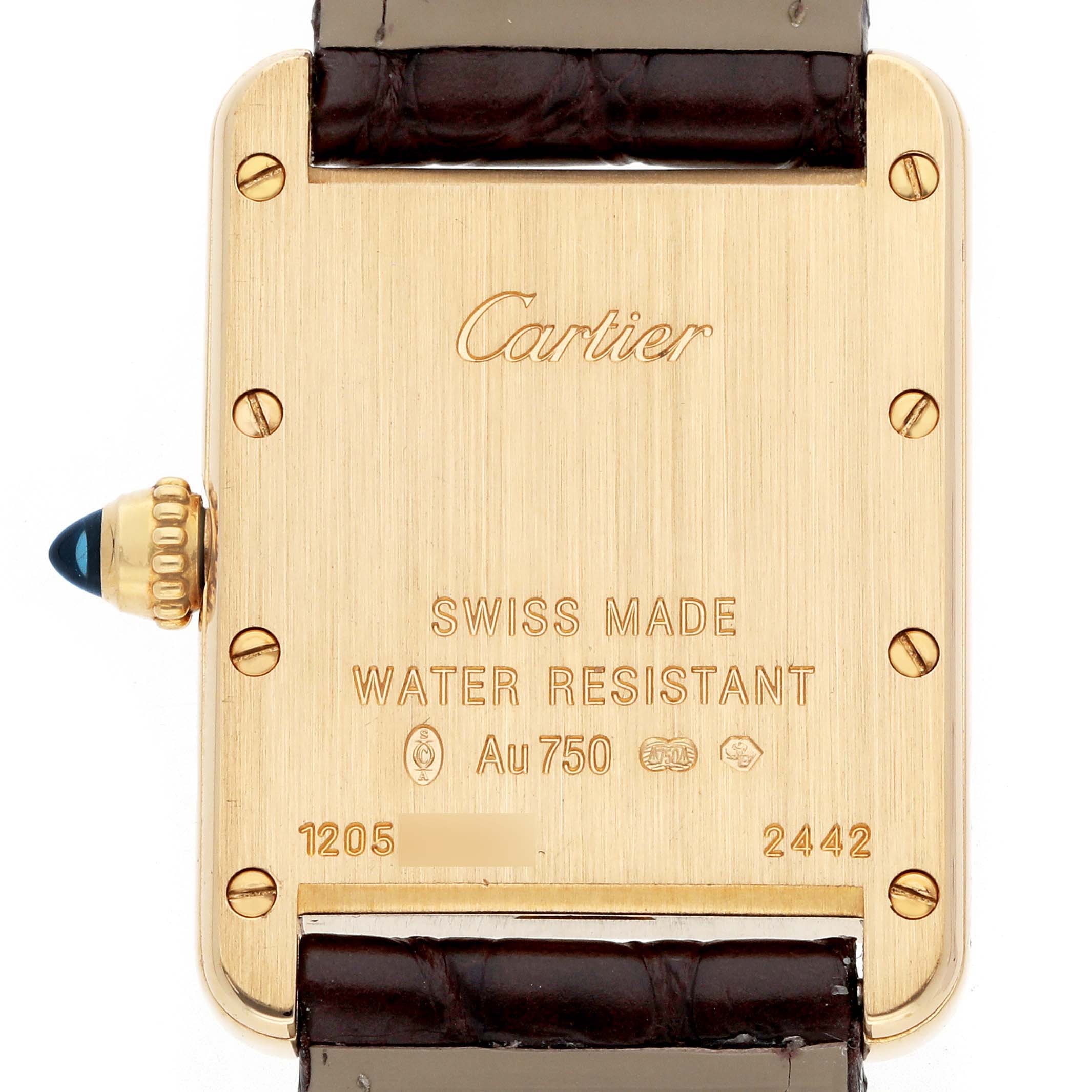 The image shows the back of a Cartier Tank Louis W1529856 Women
s Yellow Gold Silver Dial watch, displaying engravings and a portion of the leather strap.