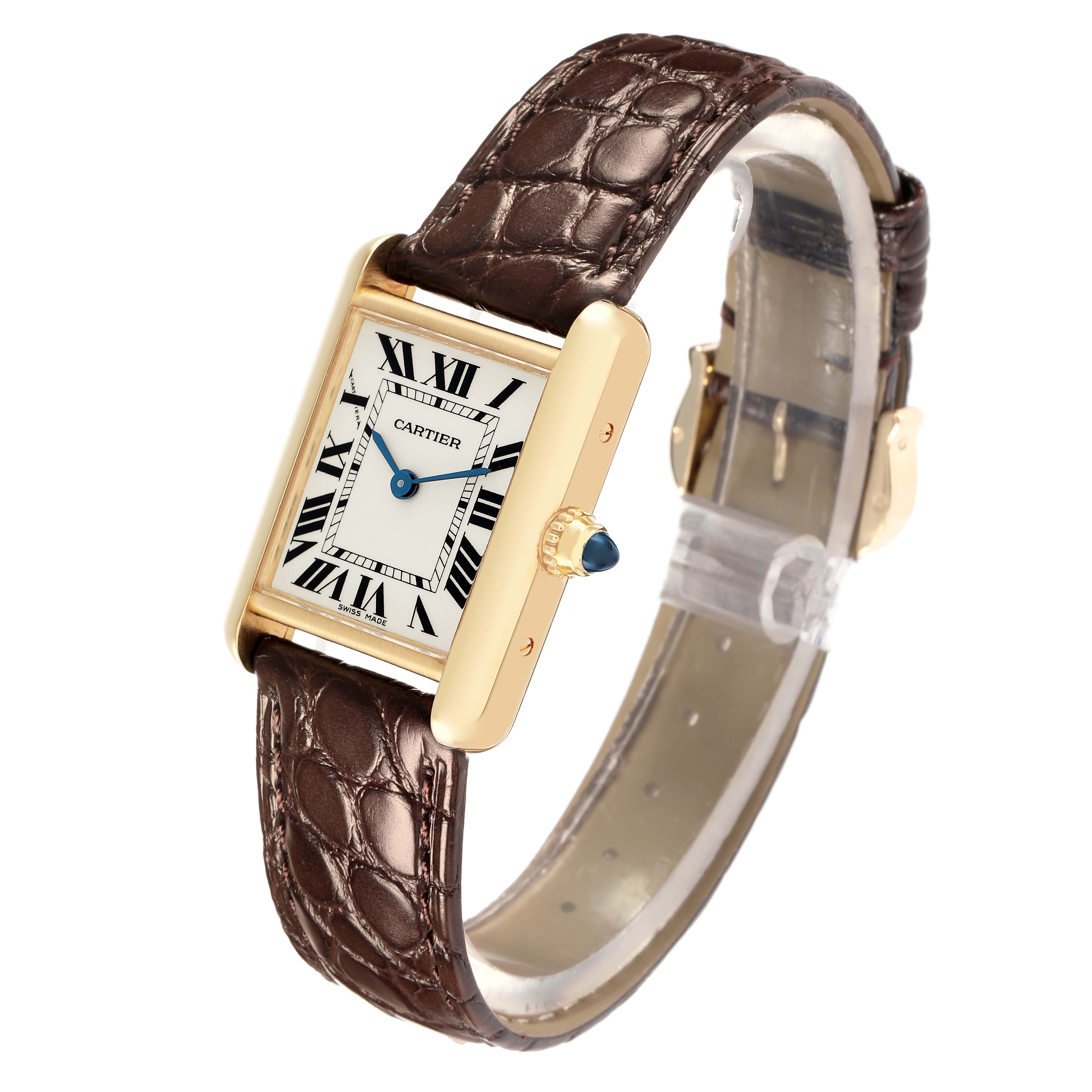 The Cartier Tank Louis W1529856 Women
s Yellow Gold Silver Dial watch is shown at a slight angle, highlighting its rectangular case, Roman numerals, and leather strap.