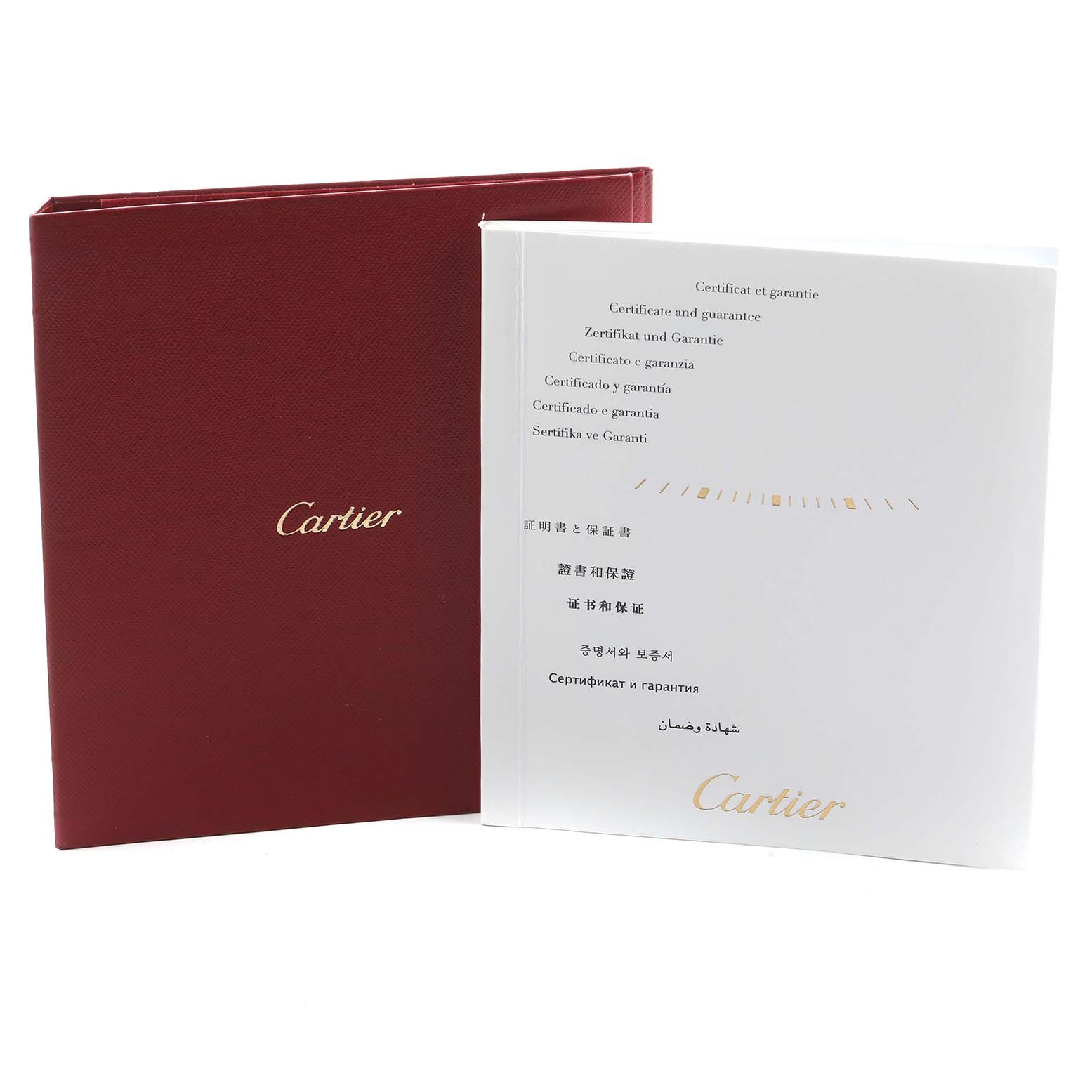 The image shows the certificate and guarantee booklet with the Cartier Tank Louis W1529856 Women
s Yellow Gold Silver Dial model packaging.