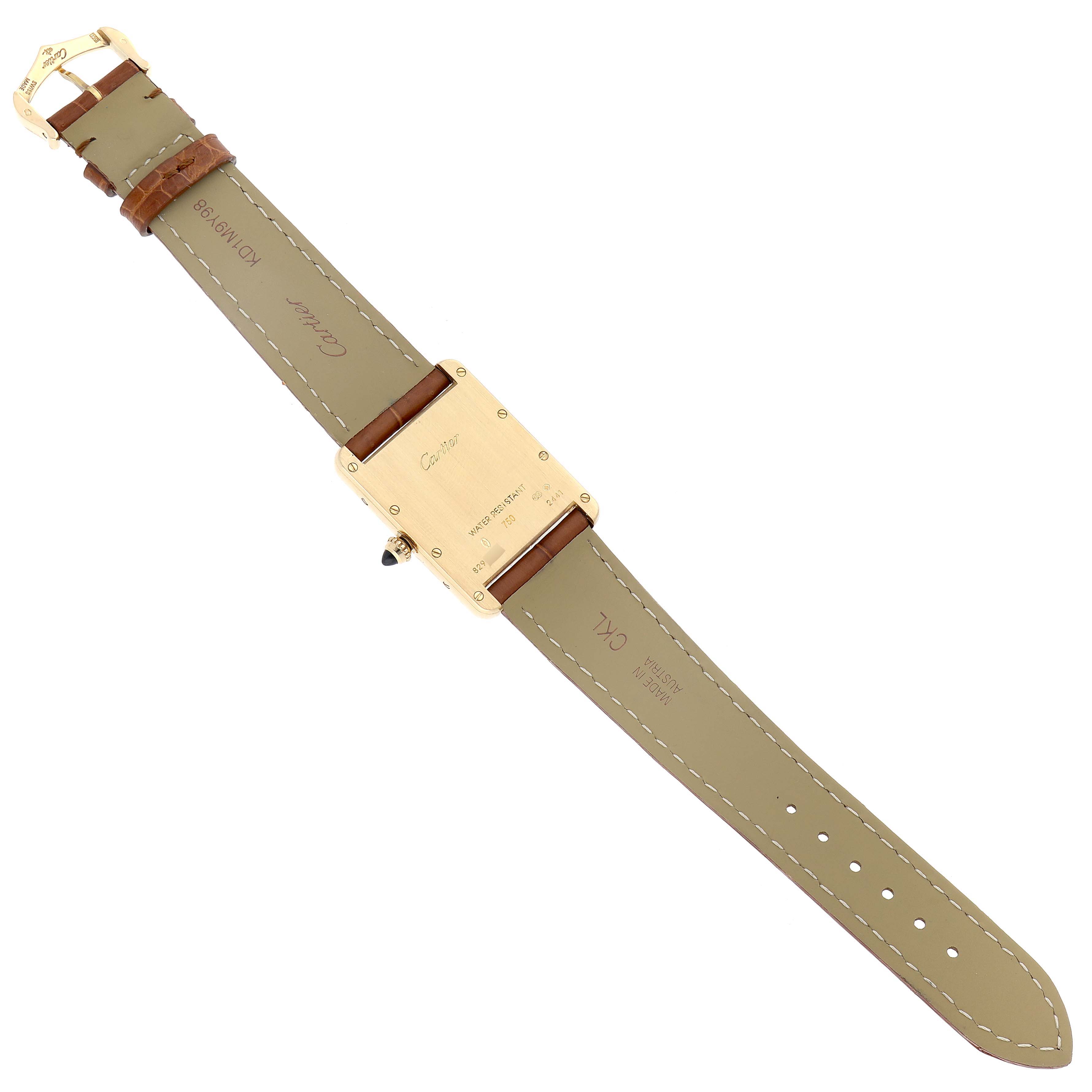 The image shows the back view of the Tank Louis model watch by Cartier, featuring the case back, strap, and buckle.