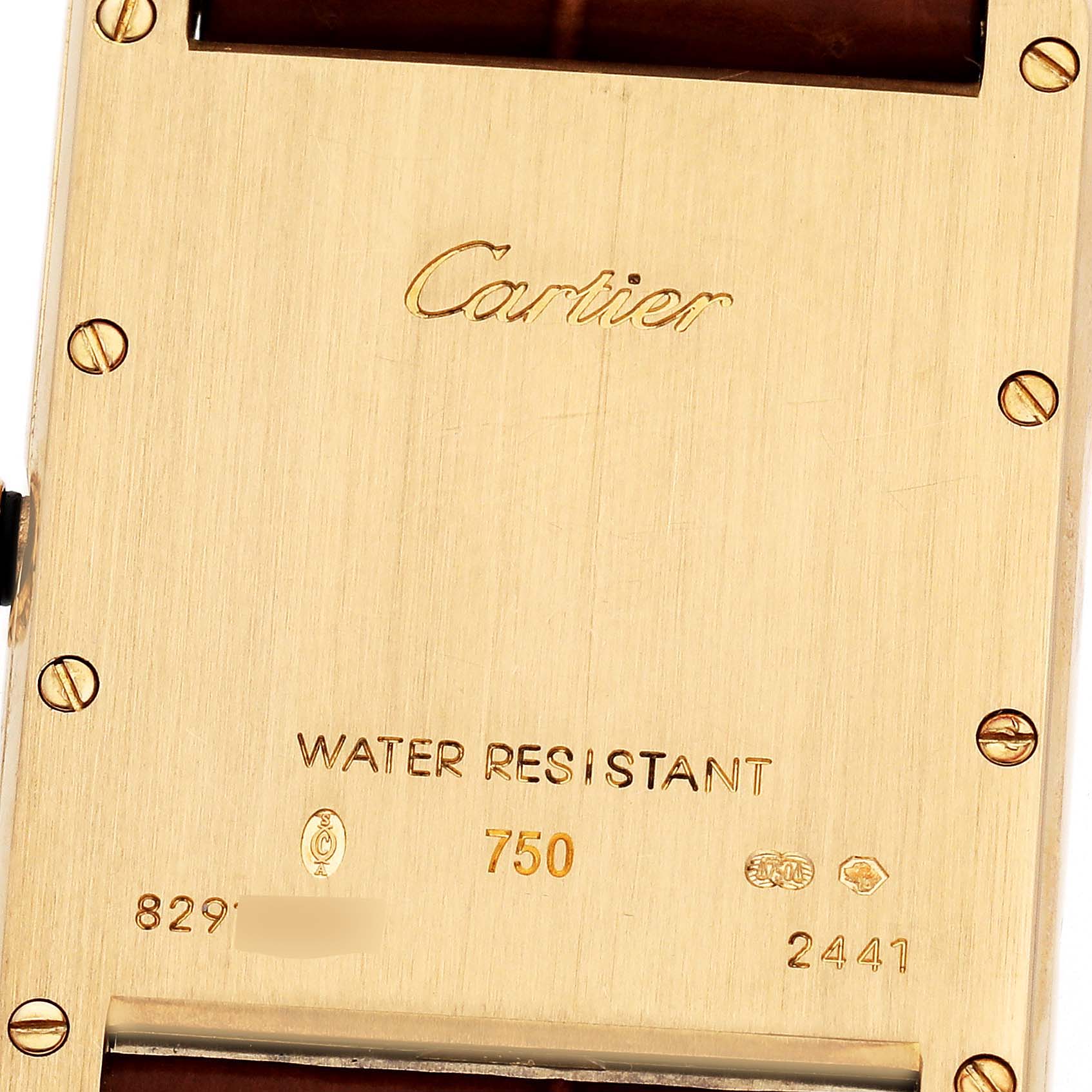 The image shows the back case of a Tank Louis model by Cartier, displaying the brand, material, and serial number.