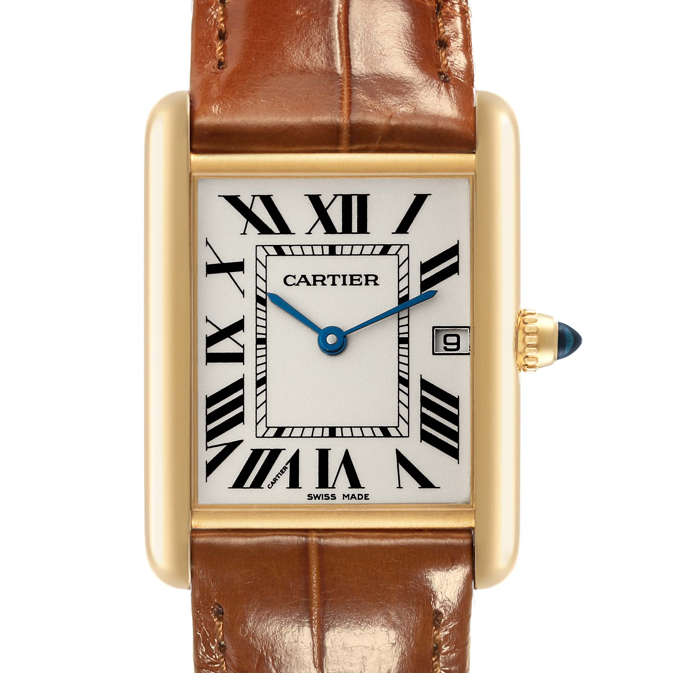 The image shows a frontal view of the Cartier Tank Louis W1529756 Men's Yellow Gold Silver Dial W1529756 Men's Yellow Gold Silver Dial watch, highlighting the dial, Roman numerals, blue hands, date window, and brown leather strap.